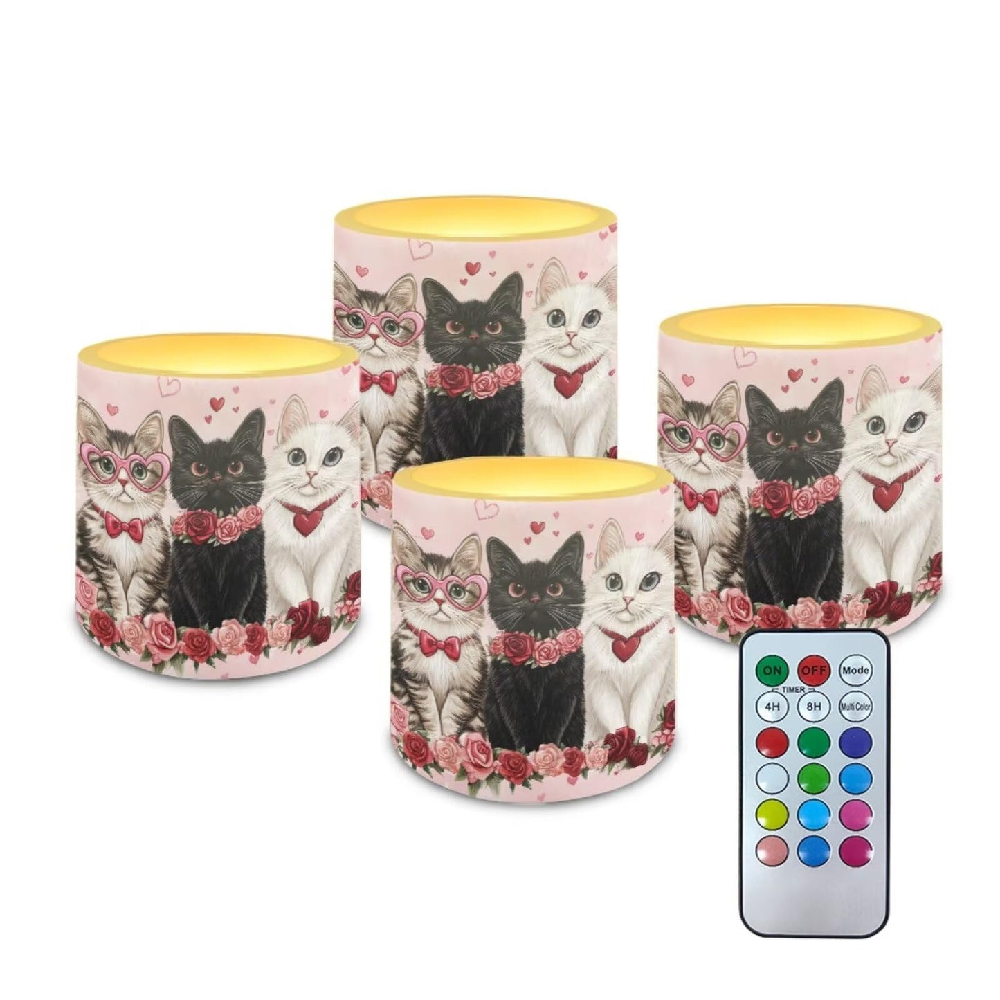 Merkmak 4Pcs LED Candles Bulk Flickering Flameless Candles with Remote and Timer Floral Cat Battery Operated Pillar Tea Lights for Valentines Day Banquet Wedding Home Decorations