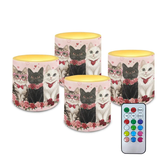 Merkmak 4Pcs LED Candles Bulk Flickering Flameless Candles with Remote and Timer Floral Cat Battery Operated Pillar Tea Lights for Valentines Day Banquet Wedding Home Decorations