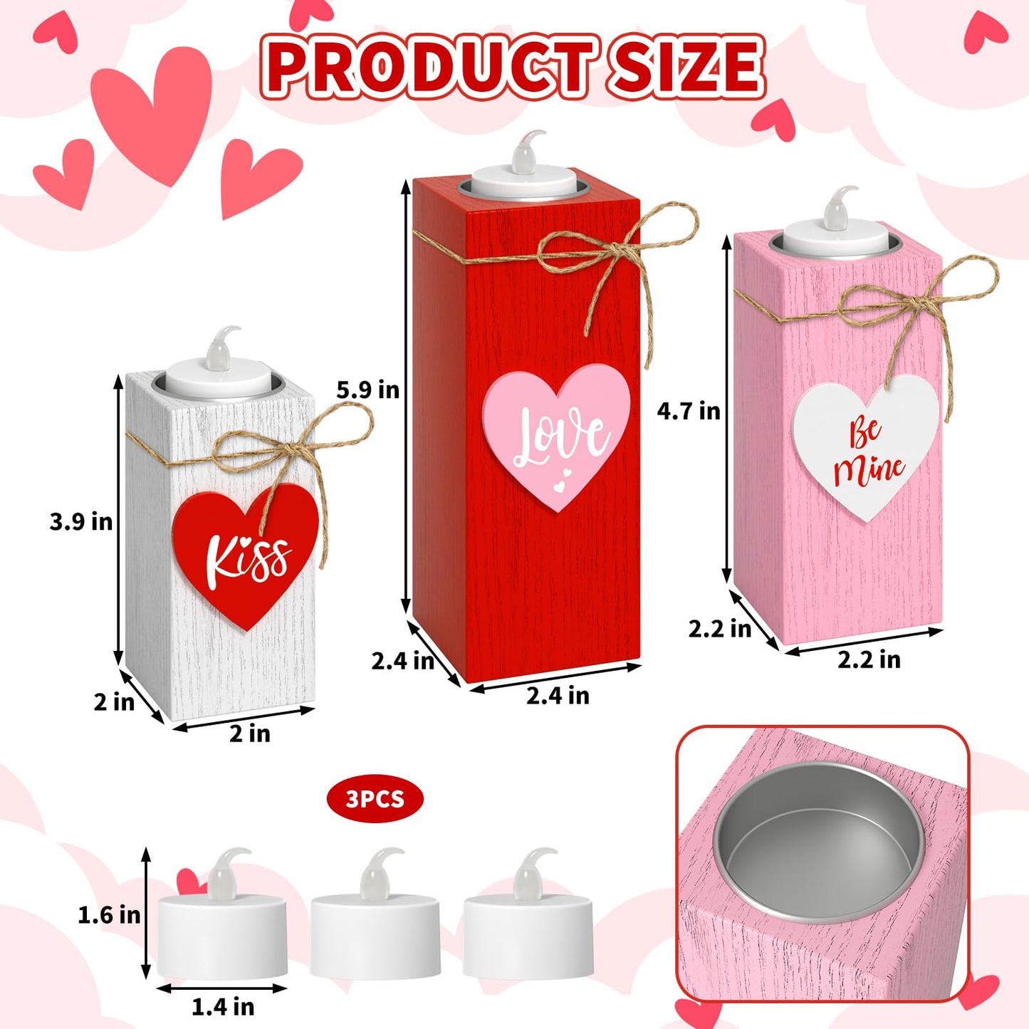CRCZK Valentine's Day Votive Candle Holders Set of 3 Wooden Tea Light Holders with Battery Operated LED Ideal for Tabletop Decorations & Centerpieces Romantic Elegant Design for Festive Ambiance