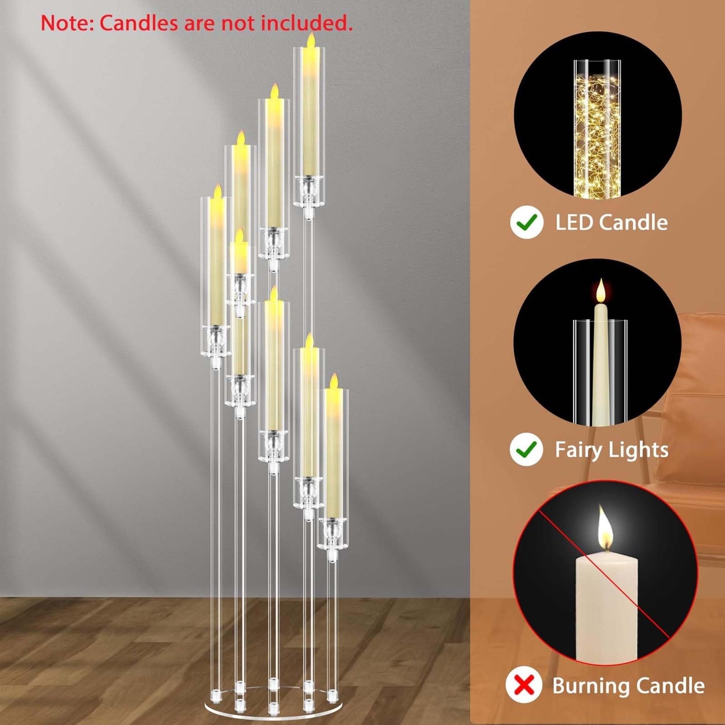 8 Arms Acrylic Candelabra Centerpieces, Tapered Candlestick Holders, Clear Candle Holder for Wedding Party, Floor Candlestick Holders with Lampshade and Round Base(1PCS)