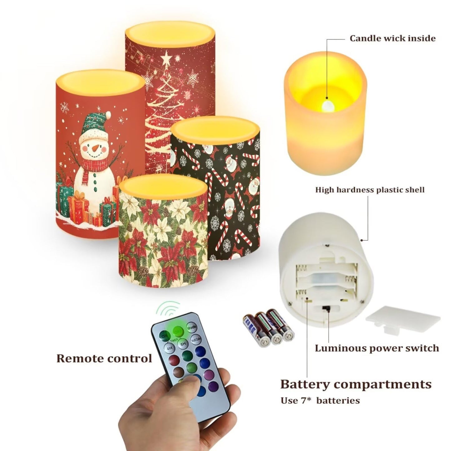 NETILGEN 4 Pcs Flameless LED Pillar Candles with Timer Remote for Indoor Outdoor Christmas Holiday Decoration Snowman Poinsettia Flowers Print