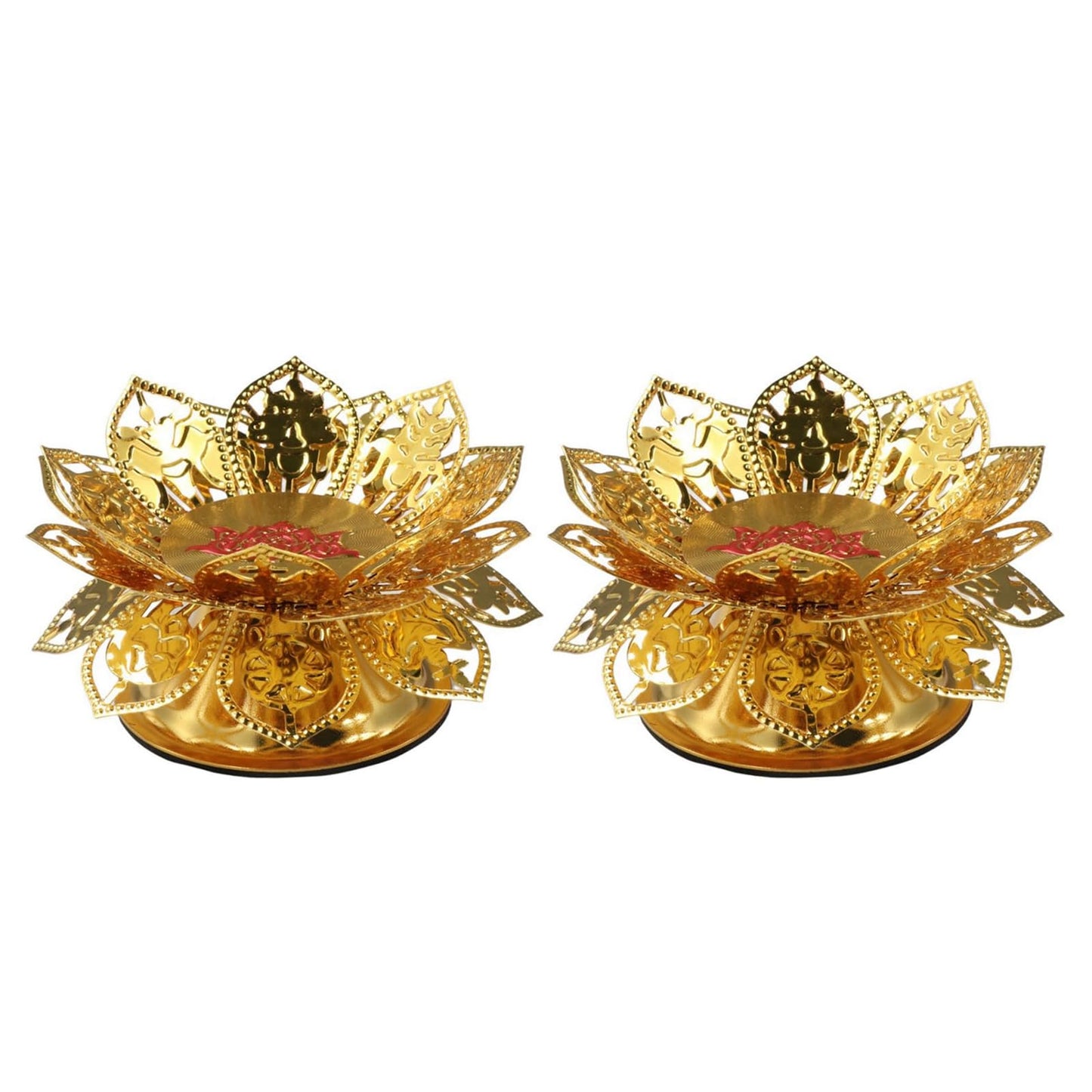 GUDEKIKL 2Pcs Gold Metal Lotus Candle Holder, Creative Alloy Lotus Candle Base, Decorative Desktop Butter Candle Lamp Stand, Lotus Shape Hollow Candlestick for Buddhist Supplies