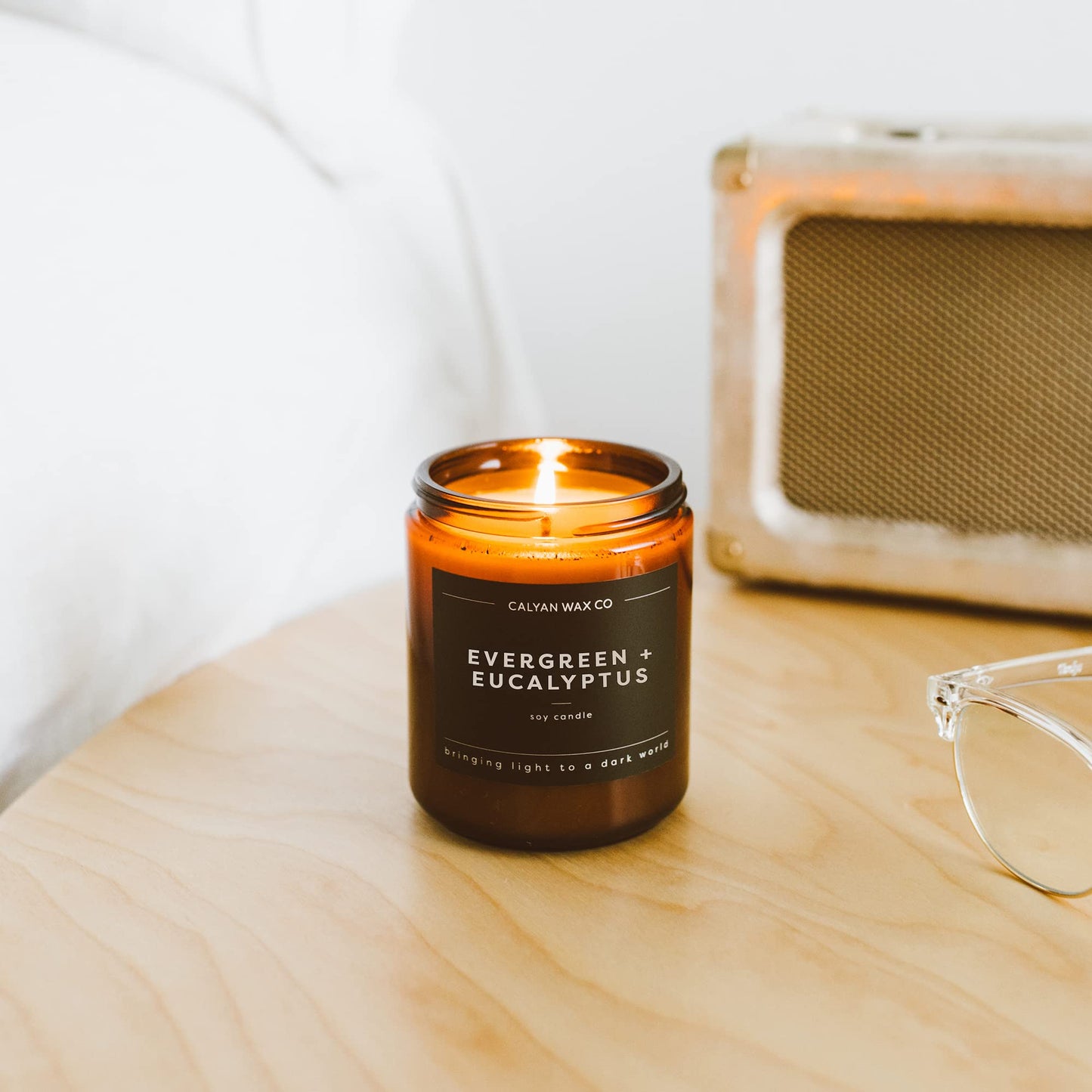 Calyan Wax Co. Evergreen & Eucalyptus Scented Candle - 57 Hour Burn - Luxury Clean Soy Wax Candles - Long Lasting Amber Glass Jar Candle for Home - 7.2oz