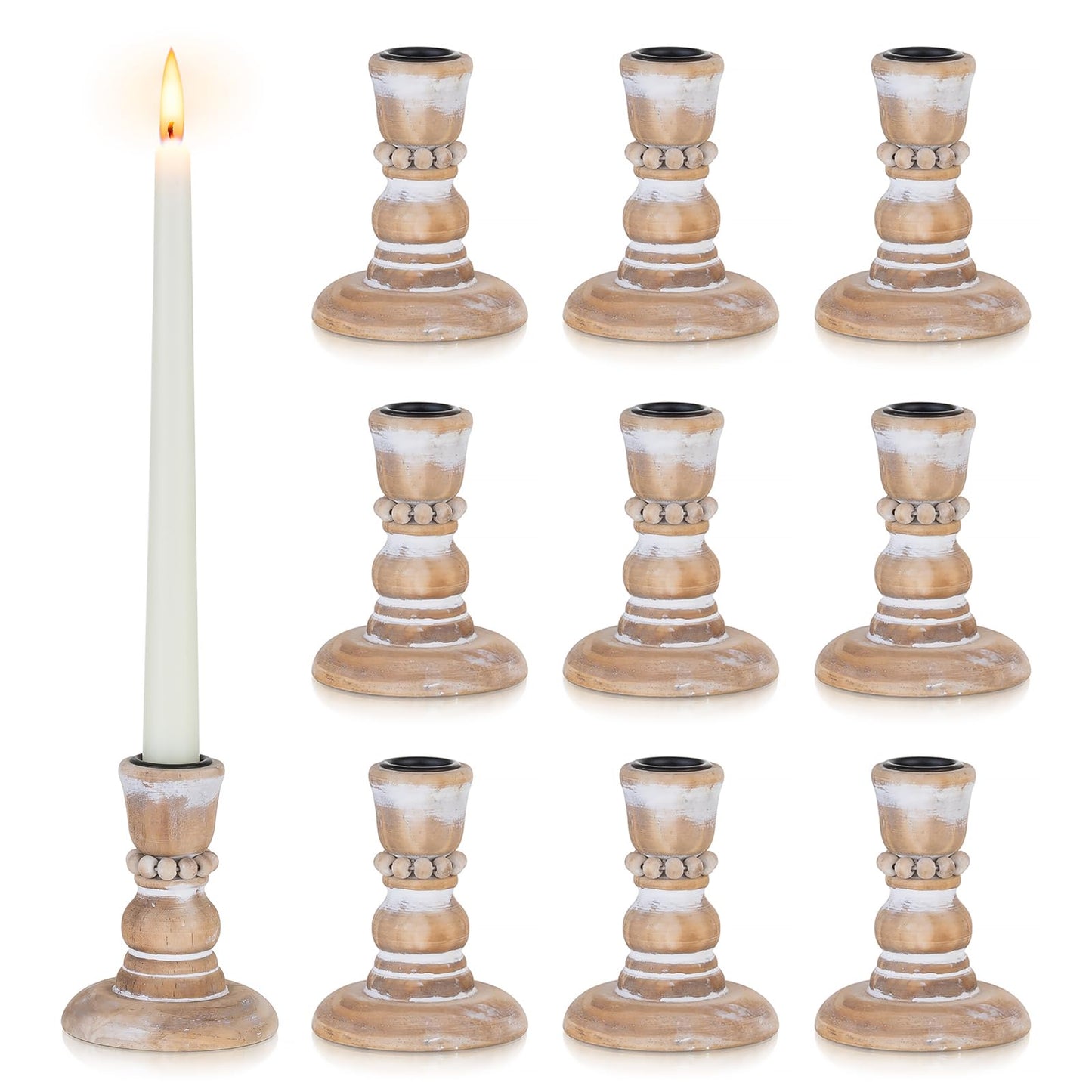 Inweder Wooden Taper Candle Holders: Rustic Wood Candlestick Holders Farmhouse Fall Decor for Living Room Dinning Table Centerpiece Christmas Set of 10