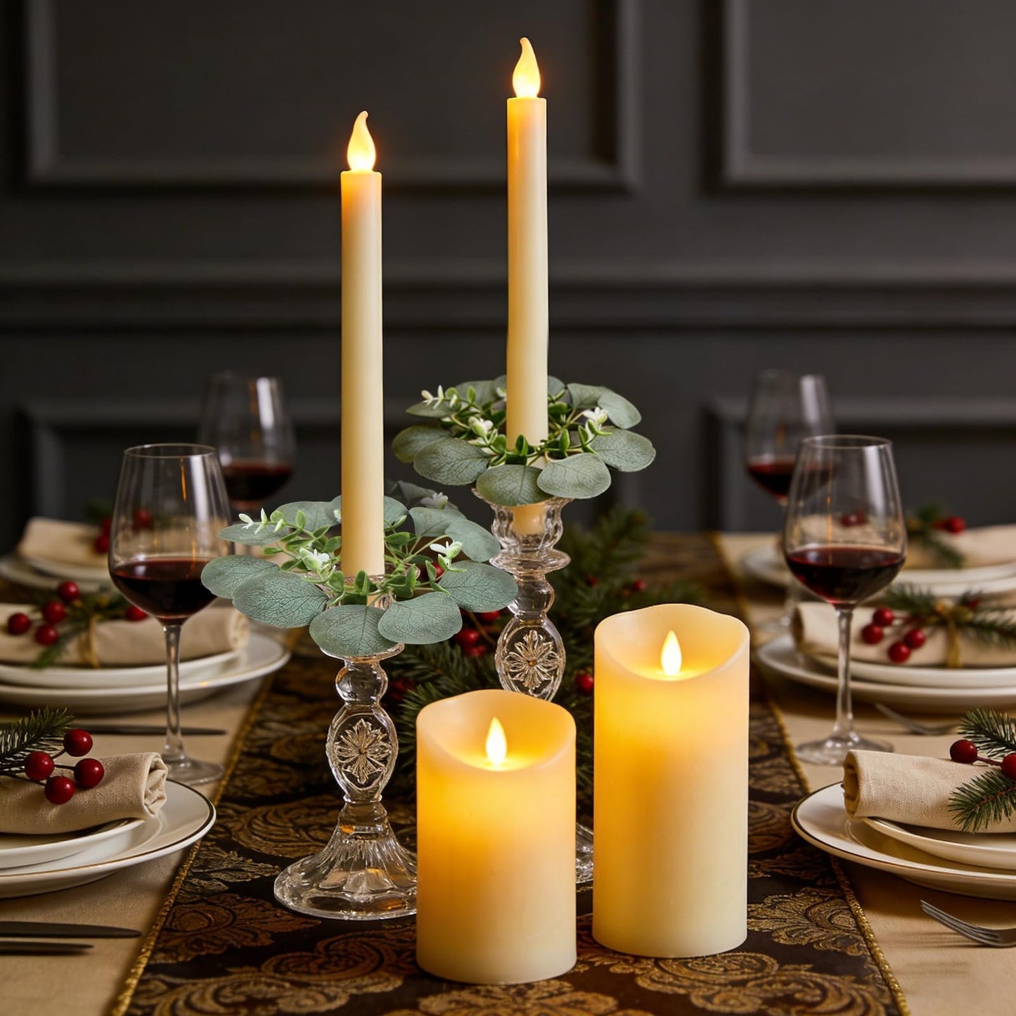 4 PCS Artificial Eucalyptus Taper Candle Rings Wreaths 1.38" Mini Spring Summer Greenery Taper Candle Holder Wreaths Green Rings Table Centerpieces Wreath for Church Farmhouse Home Candlesticks Decor
