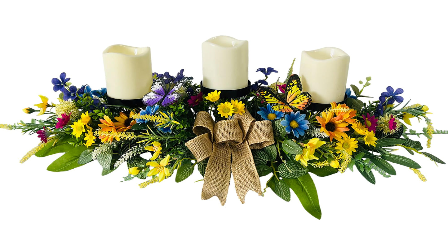 Svndlyn Candle Holders Spring Summer Centerpiece,3 Wick Candle Holder with Daisy and Sunflowers, Perfect for Spring Decor,Easter Centerpiece Table Decor,Indoor Home Decor,Desktop Decor