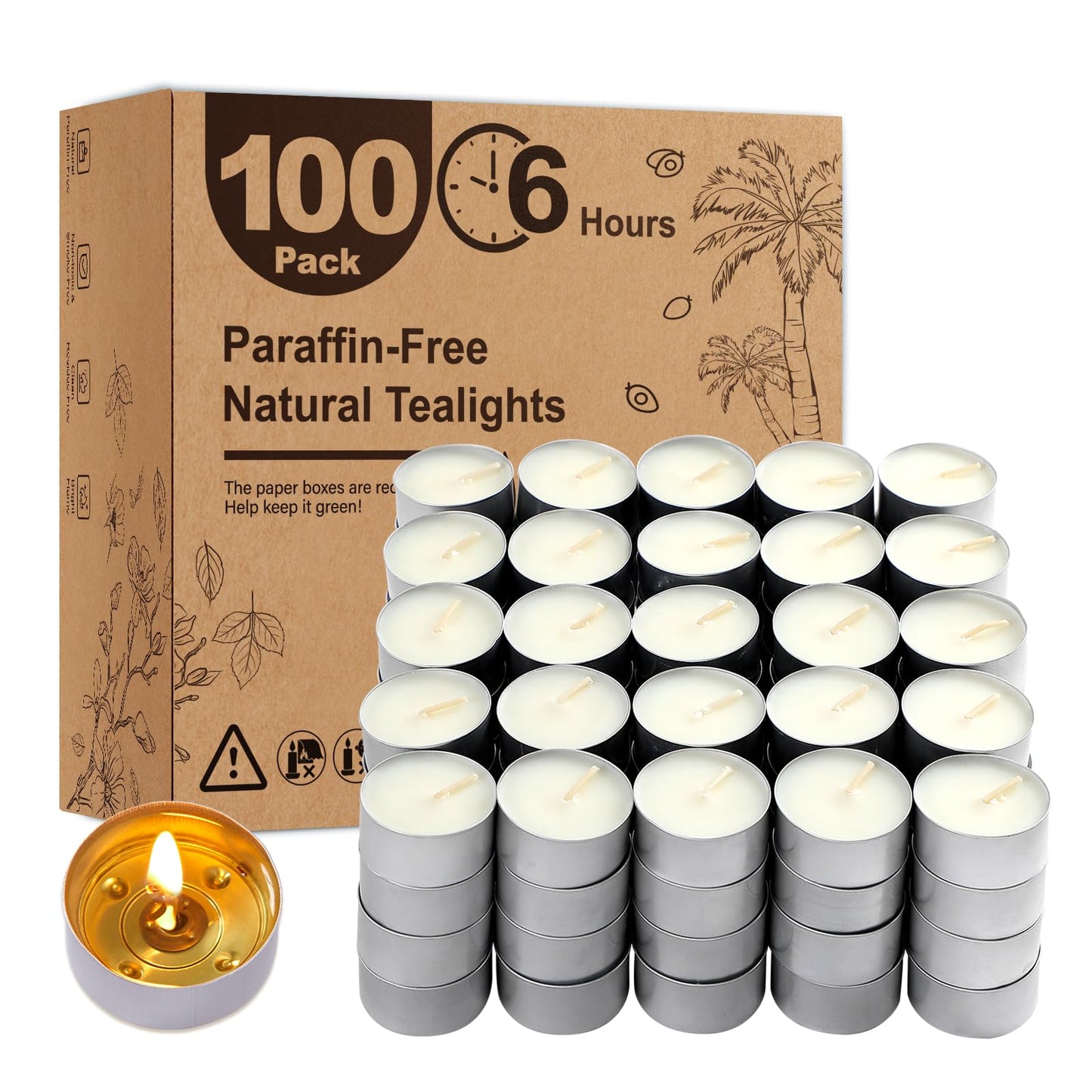 Unscented Tea Lights Candles 100 Pack,6 Hours Long Burning White Tea Candles Bulk,Non-Paraffin, Clean Burn, Smokeless, Palm Tealight Candles for Wedding,Centerpiece,Christmas Lights,Home Decor