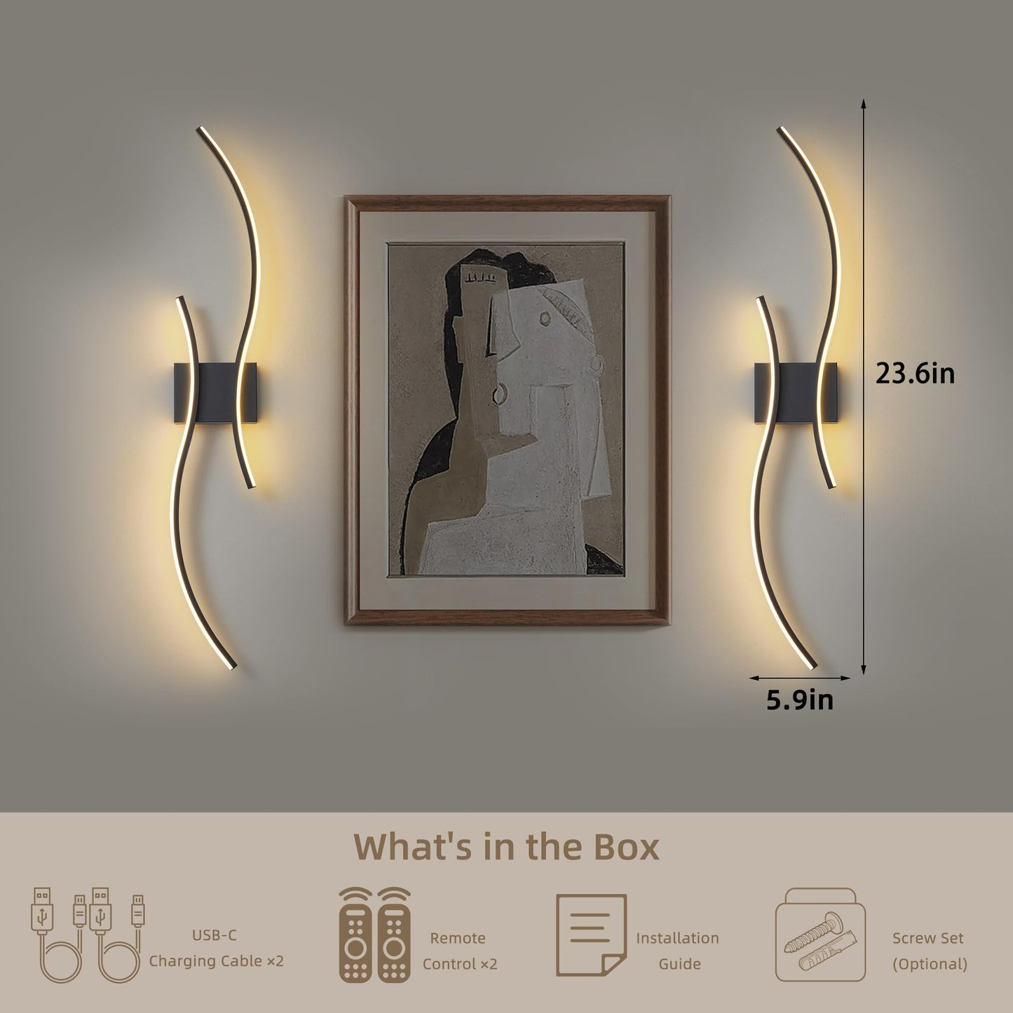 GLOTHOR Battery Operated Wall Sconces Set of 2, Dimmable Modern LED Rechargeable Wall Light with Remote Control, Wall Decor for Living Room, Hallway, Quick Install, No Electrician Required