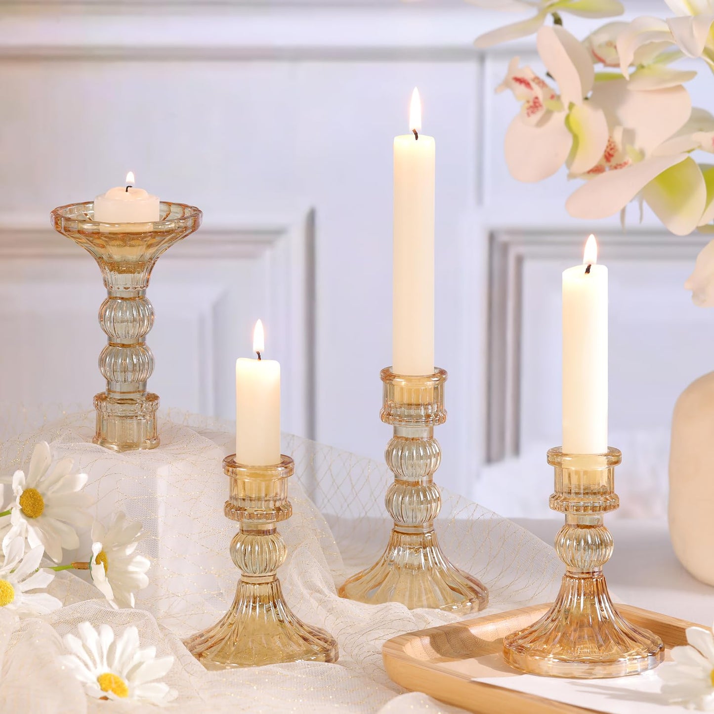 DARJEN 6Pcs Gold Candlestick Holders Set - 4" H & 5" H Striped Taper Candle Holders Bulk, Glass Candle Holders for Wedding, Festival, Party, Table Centerpiece, Gifts