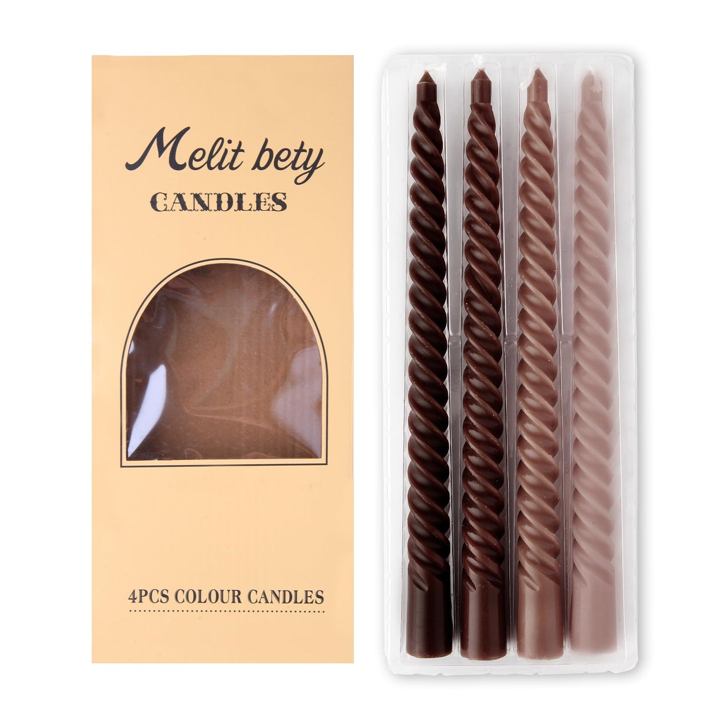 4 Pack Spiral Gradient Taper Candles – Long Pole Unscented Candles, Smokeless & Dripless, Gift Boxed for Wedding, Christmas, Table or Mantle Decor (Brown)