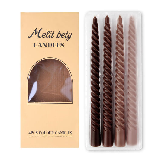 4 Pack Spiral Gradient Taper Candles – Long Pole Unscented Candles, Smokeless & Dripless, Gift Boxed for Wedding, Christmas, Table or Mantle Decor (Brown)