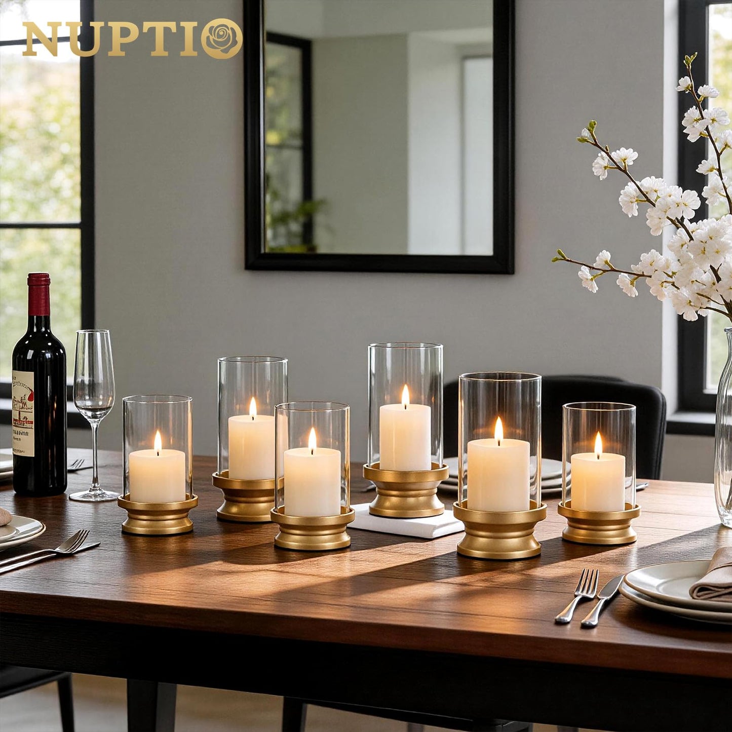 NUPTIO Hurricane Candle Holder Gold: Pillar Candle Holders with Clear Glass Sleeve - Set of 2 Decorative Brass Metal Pillars Stand for Dining Table Centerpiece Shelf Fireplace Mantel Decor