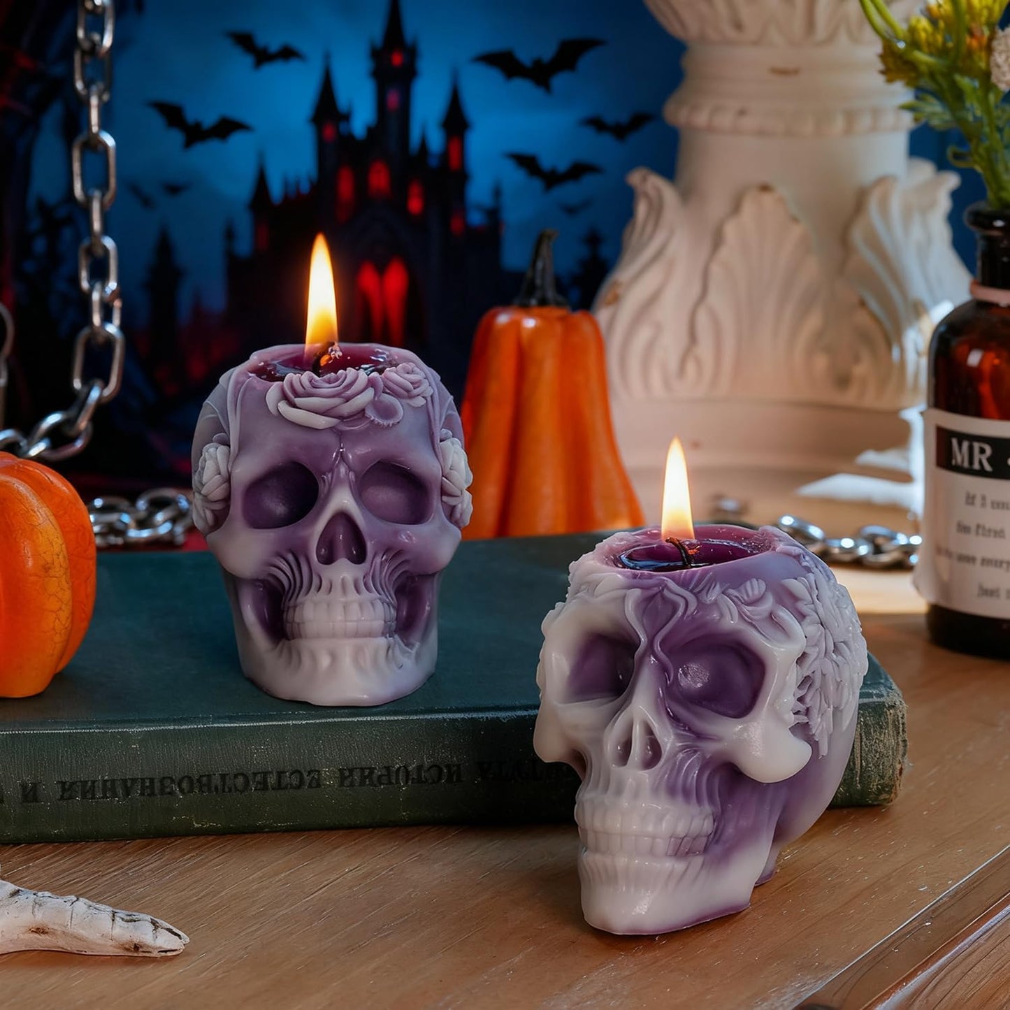 Sungmor Purple Skull Shaped Candles - Halloween Decor, Day of the Dead Gifts, Gothic Home Decor Candles, Unique Scented Candle for Spooky Ambiance, Set of 2, 100% Natural Soy Wax Decorative Candle