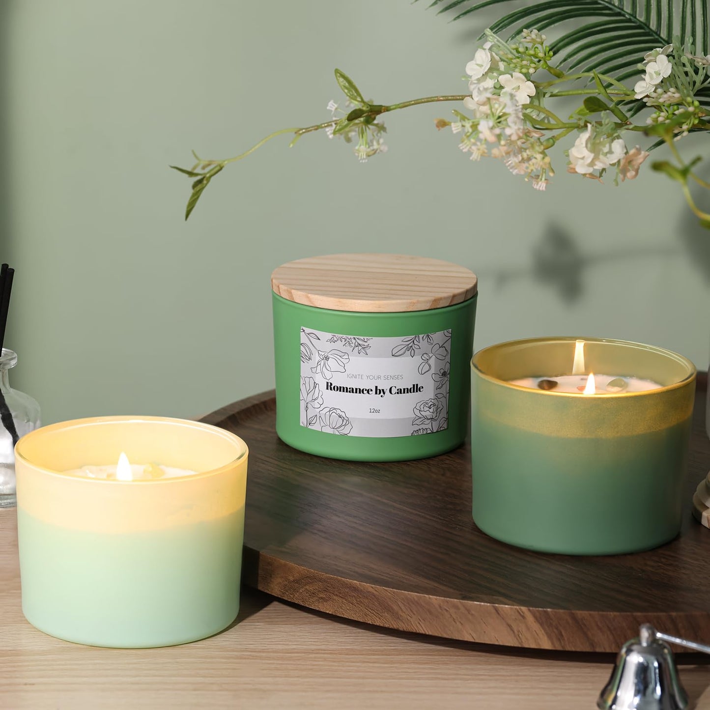 6Pcs Assorted Green Candle Jars for Making Candles, 12oz Empty Candle Jars with Bamboo Lids,Labels and 100g Crystal Rocks, Glass Jars for Candle Making Supplies, Candle Containers for DIY Gifts