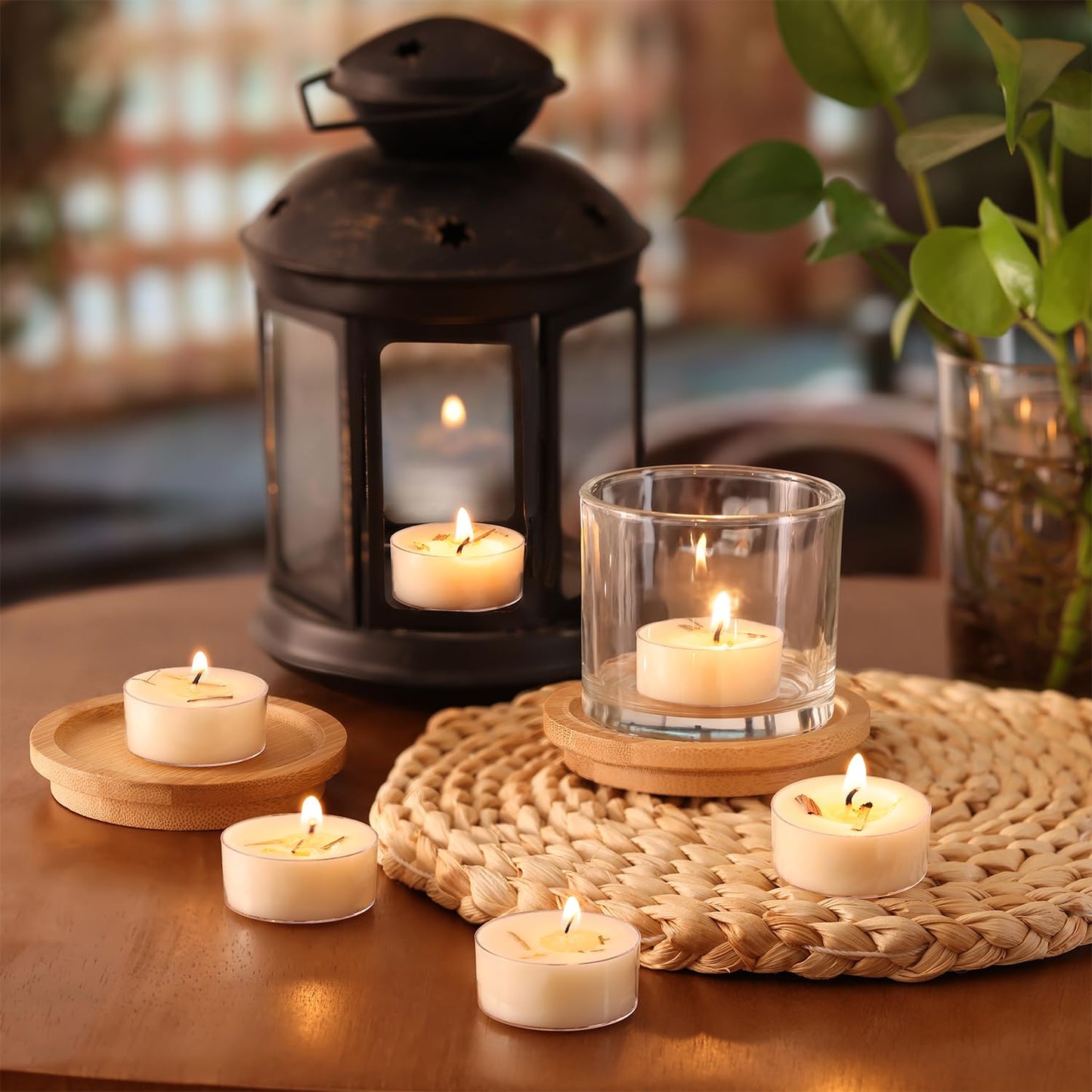 Citronella Tea Light Candles Outdoor, 48 Pack- Extended 4-5h Clear Cup Scented Tealight Candles with Handmade Floral Surface, 100% Natural Palm Wax Tealights Smokeless for Patio, Summer, Indoor