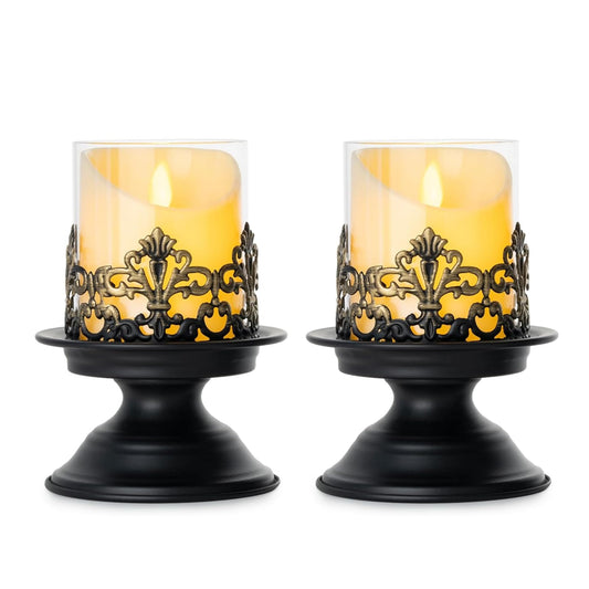 HiSnug Hurricane Candle Holders for Pillar Candles - Gothic Metal Candlestick Holders with Glass Sleeve, 2 PCS Vintage Decorative Candleholder for Dining Table Centerpiece Home Decor, 2PCS, S+S, Black