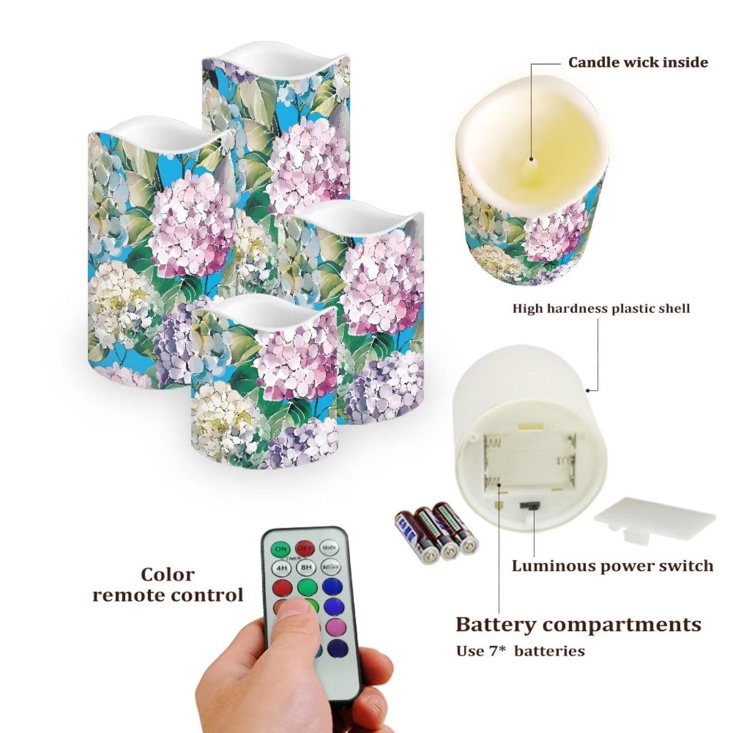 Cozeyat Big Flower Flameless Candles 4 Pack Battery Operated LED Pillar Candles with Remote Control Timer Color Changing for Home Wedding Beach