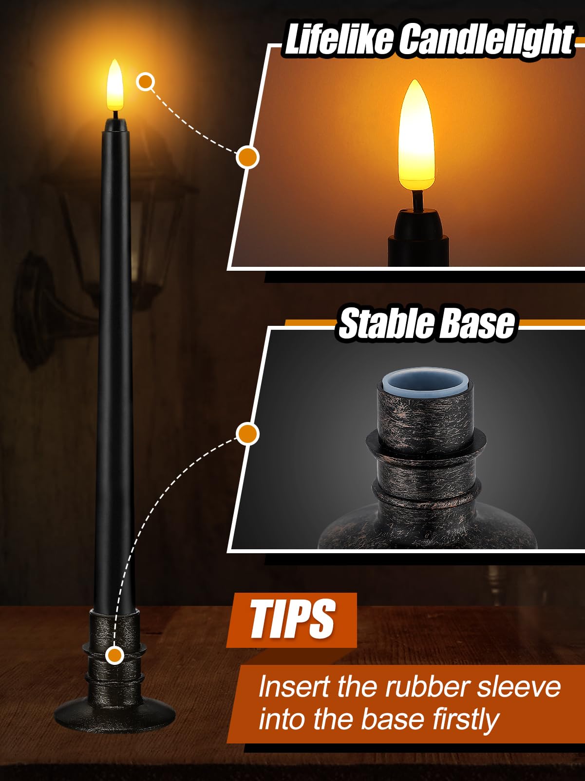 Alphatool Black Halloween Flameless Candles with Timer & Bases - 12 Pack 13 in LED Flickering Taper Candlesticks Battery Operated, Smokeless Dripless for Fireplace Table School Bar Halloween Decor