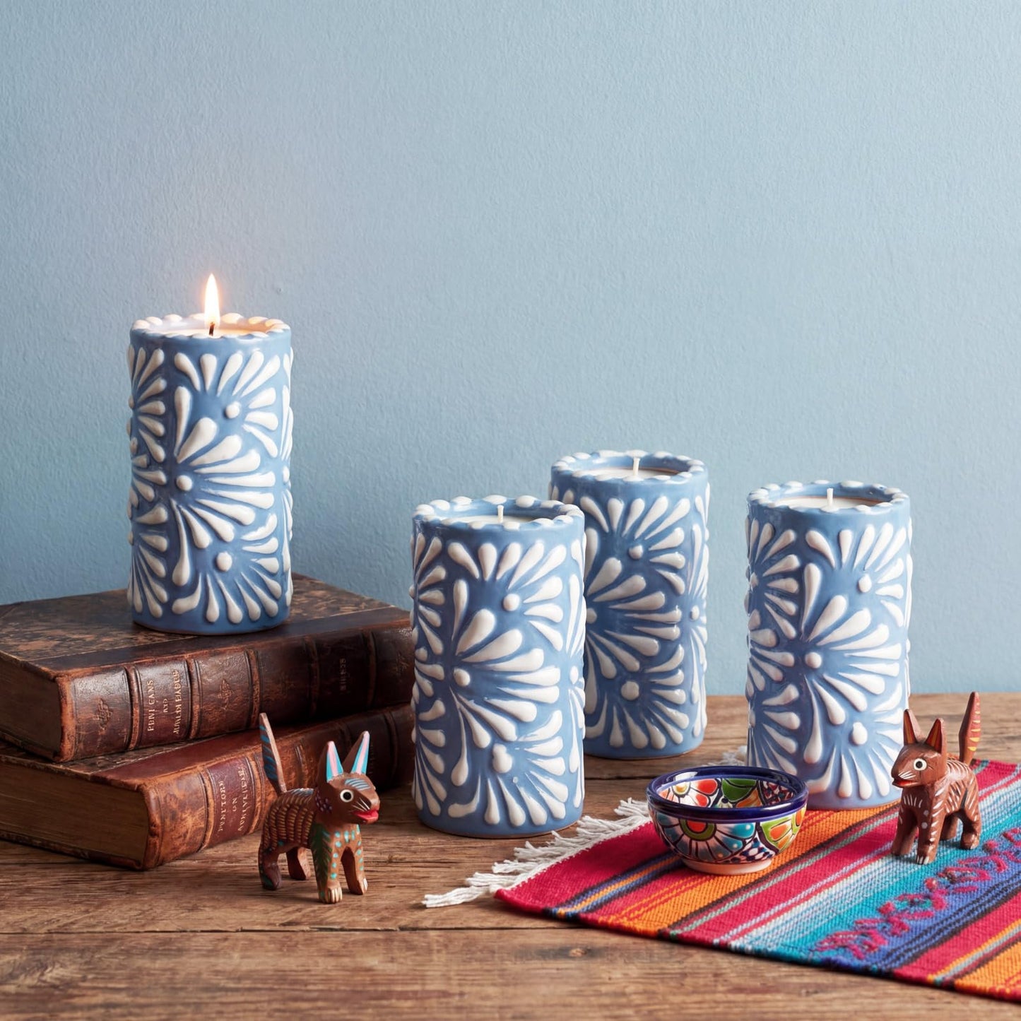 Lounsweer 4 Set Cielito Lindo Party Decorations Mexican Tequila Candle Talavera Mugs Candle for Fiesta Cinco De Mayo Birthday Bridal Shower Bachelorette May 5th Party Home Decor(Blue)