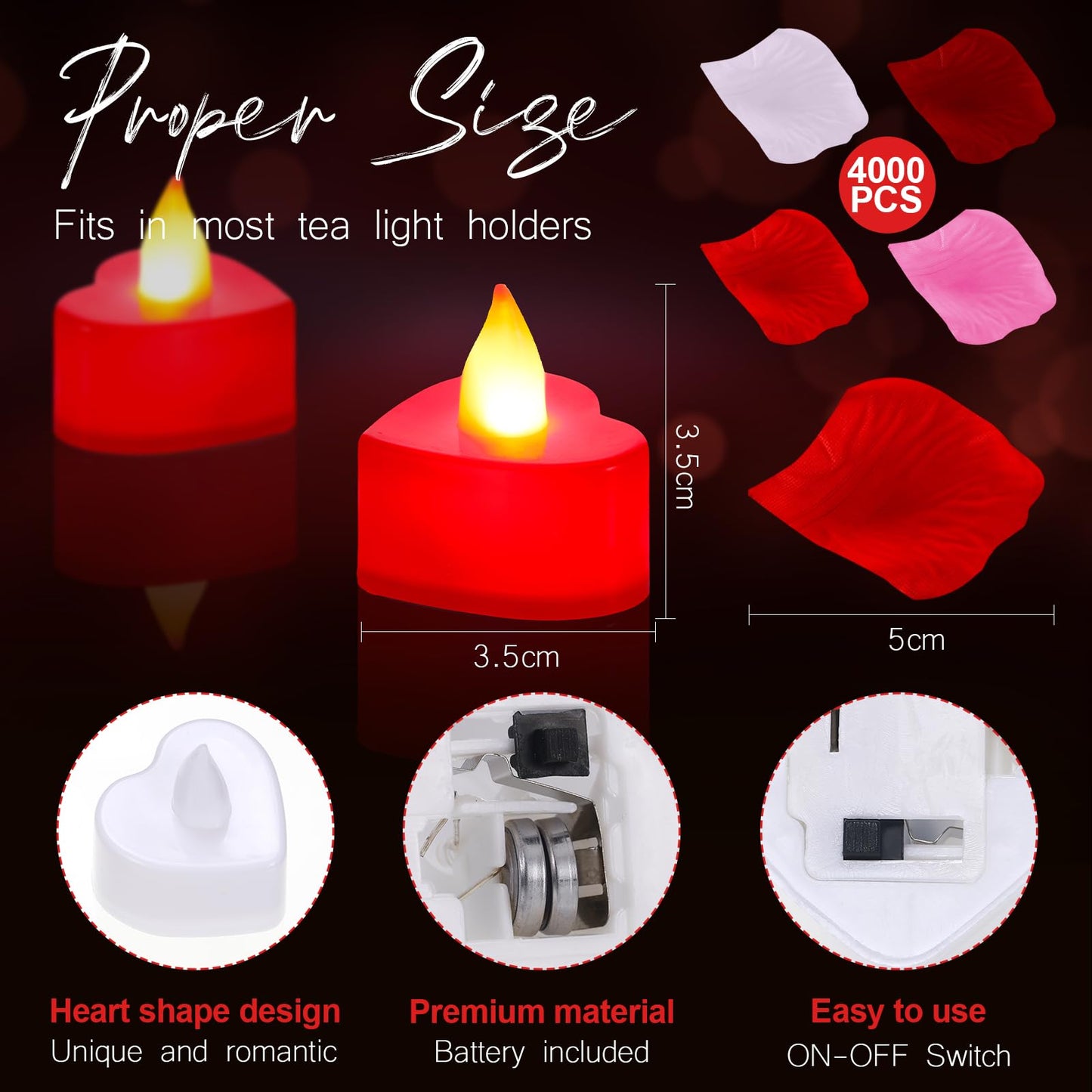 VIHOSE 4000 Pcs Artificial Rose Petals with 24 Pcs LED Tea Lights Candles Flameless LED Candles Fake Rose Petals for Wedding Birthday Party(Red Light, Bright Color Petal)