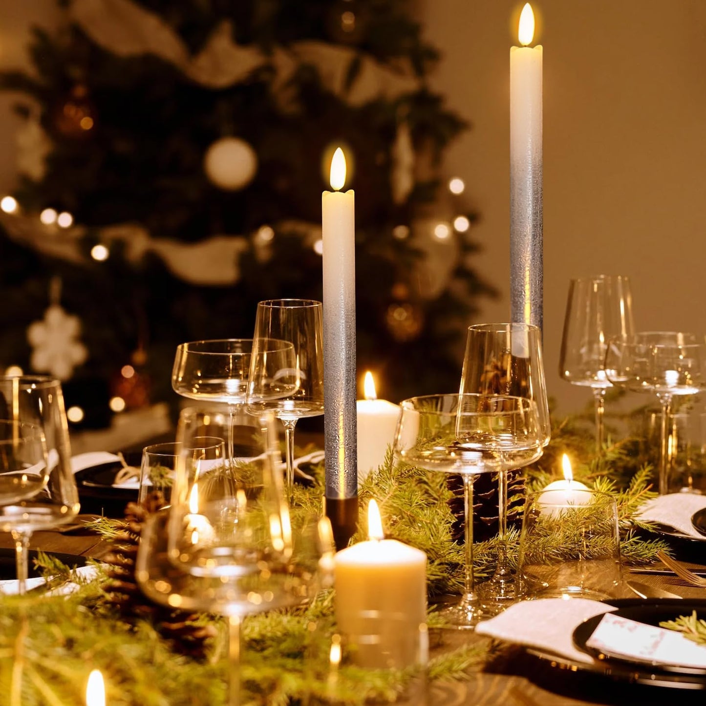 Wondise Flameless Taper Candles with Remote & Timer, 9 Inch Real Wax Silver Battery Operated LED Flickering Candles for Christmas Thanksgiving Decorations