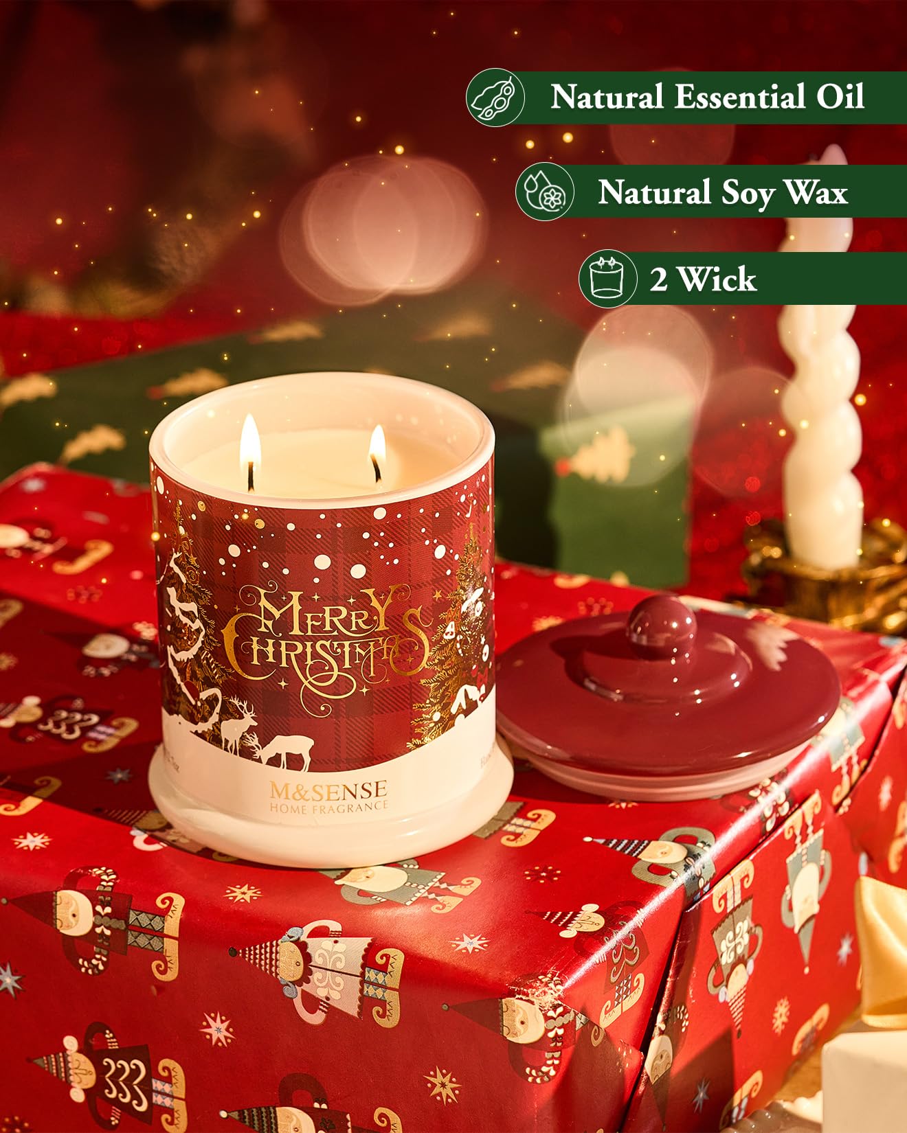 M&SENSE Christmas Candles Baked Apple Pie Scented, Soy Wax 12.7oz 75 Hours Long Lasting Clean Burn, 2 Wick Cinnamon Apple Winter Holiday Candles for Home Decor, Luxury Relaxing Candle Gifts for Women