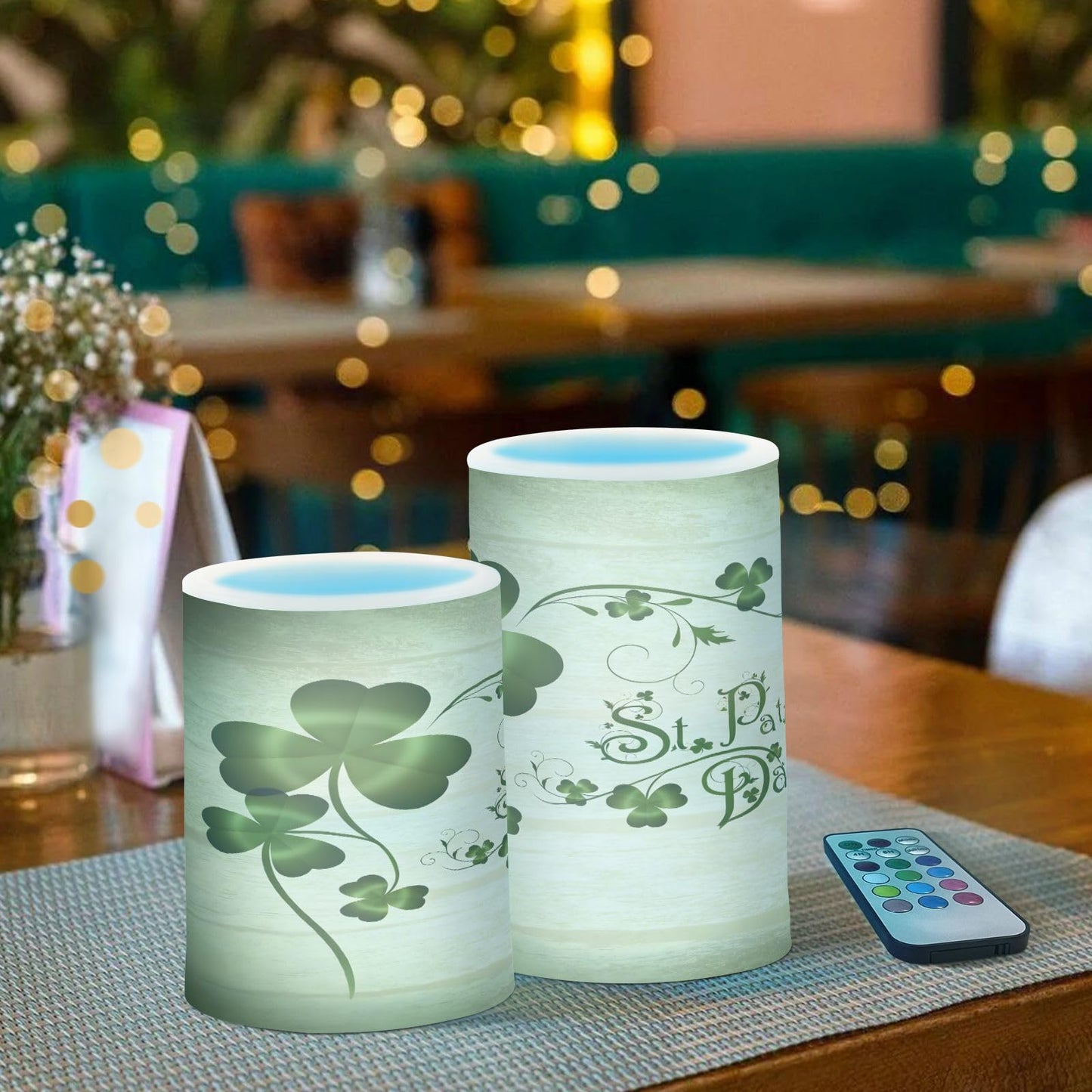 ALAZA Grunge St Patricks Day Clover Leaves Flickering Flameless Candles Battery Operated with Remote Timer,Tea Light Candles LED Pillar Votive Candles Set of 2 for Outdoor Indoor Decorations13