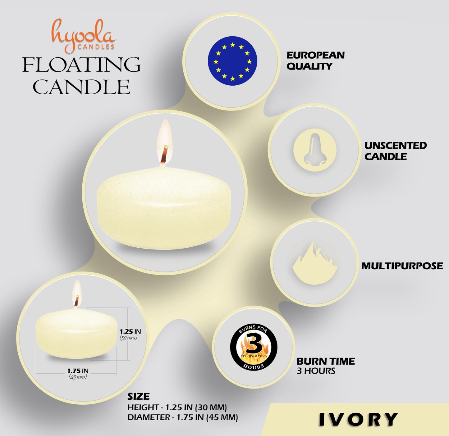HYOOLA Premium Ivory Floating Candles 1.75 Inch - 3 Hour - 20 Pack - European Made
