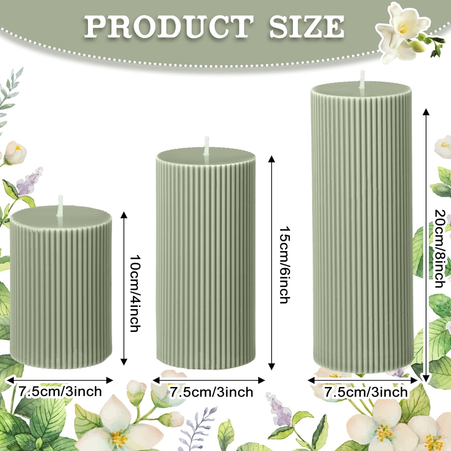 Conelist Ribbed Pillar Candles Set of 3, Width 3" High 4" 6" 8" Large Soy Wax Orchids Scented Pillar Candles Aesthetic Ribbed Modern Home Decor for Bathroom Living Room(Bean Green)
