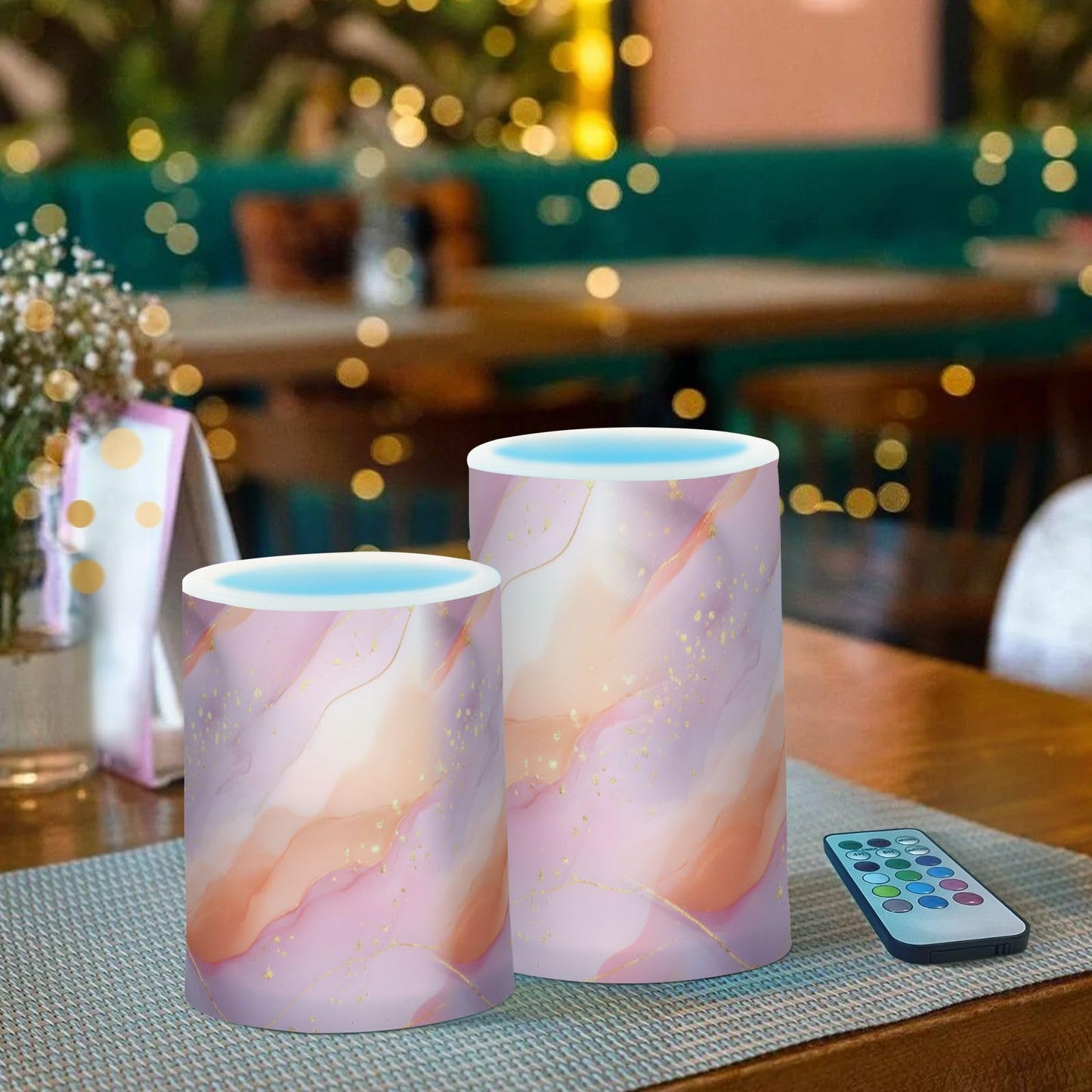 zyrtty 2 Pack Plastic Flameless Candles Light Pink and Orange Abstract Marble Pattern Battery Operated with Remote and Timer Real Wax LED Flickering Pillar Candles Set Window Christmas Holiday Decor