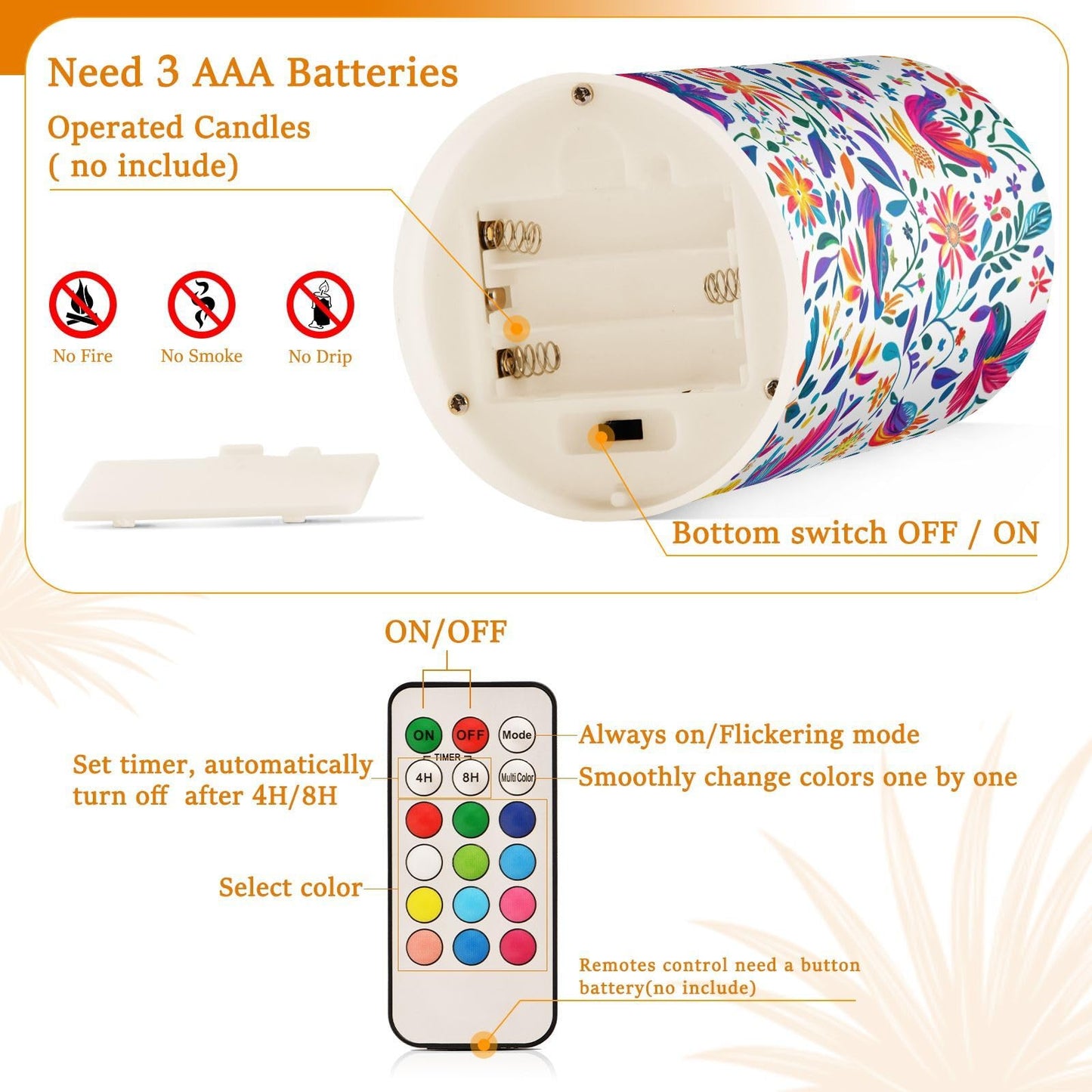 Kcldeci Flameless Candles LED Battery Operated Remote Control Multicolor Plastic Tabletop Decorative Lighting Set of 2