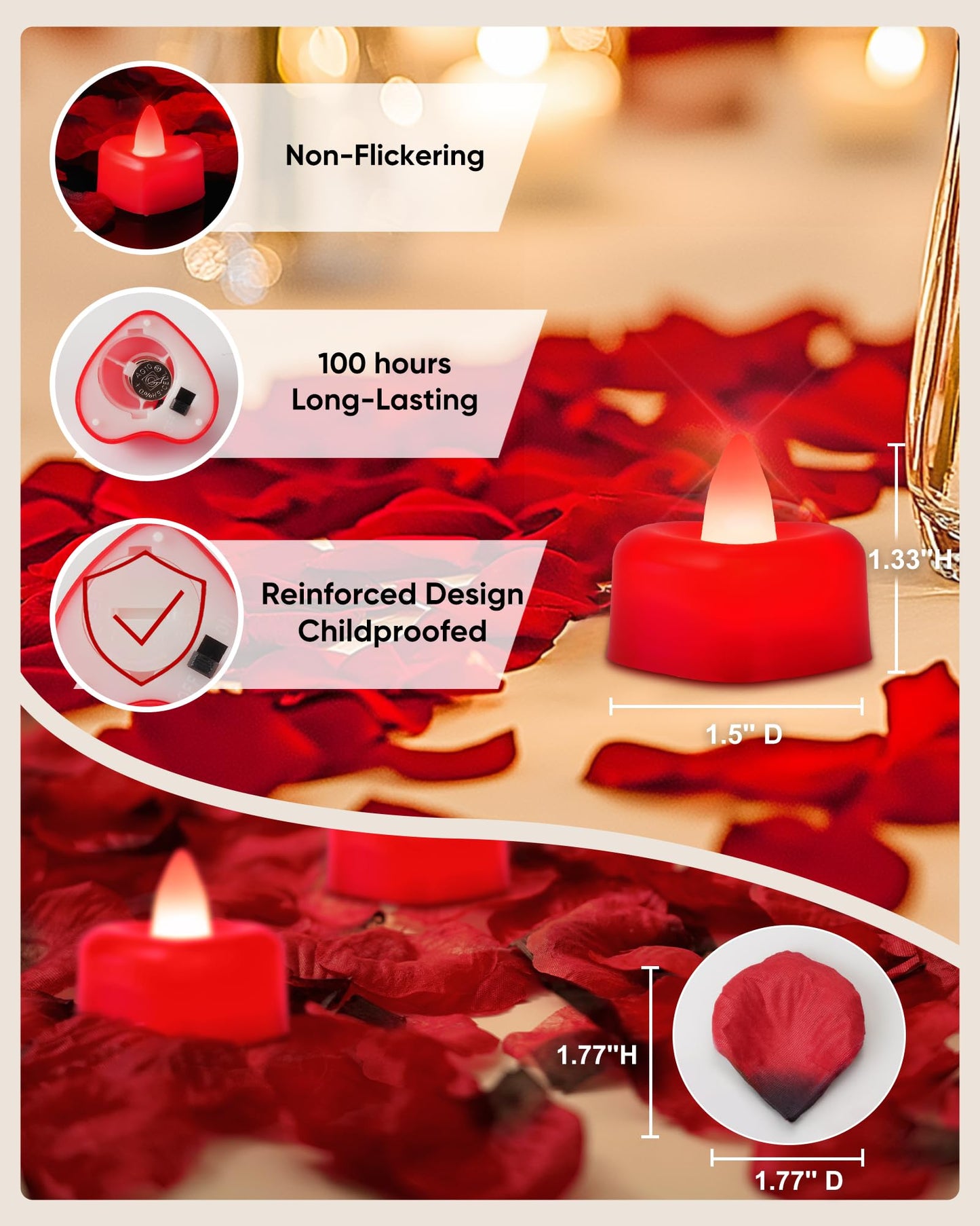 Amagic 1000 Pieces Red Artificial Rose Petals with 12 Red Heart LED Tea Lights, Rose Petals and Candles Set for Proposal, Anniversary, Romantic Night, Wedding Decor