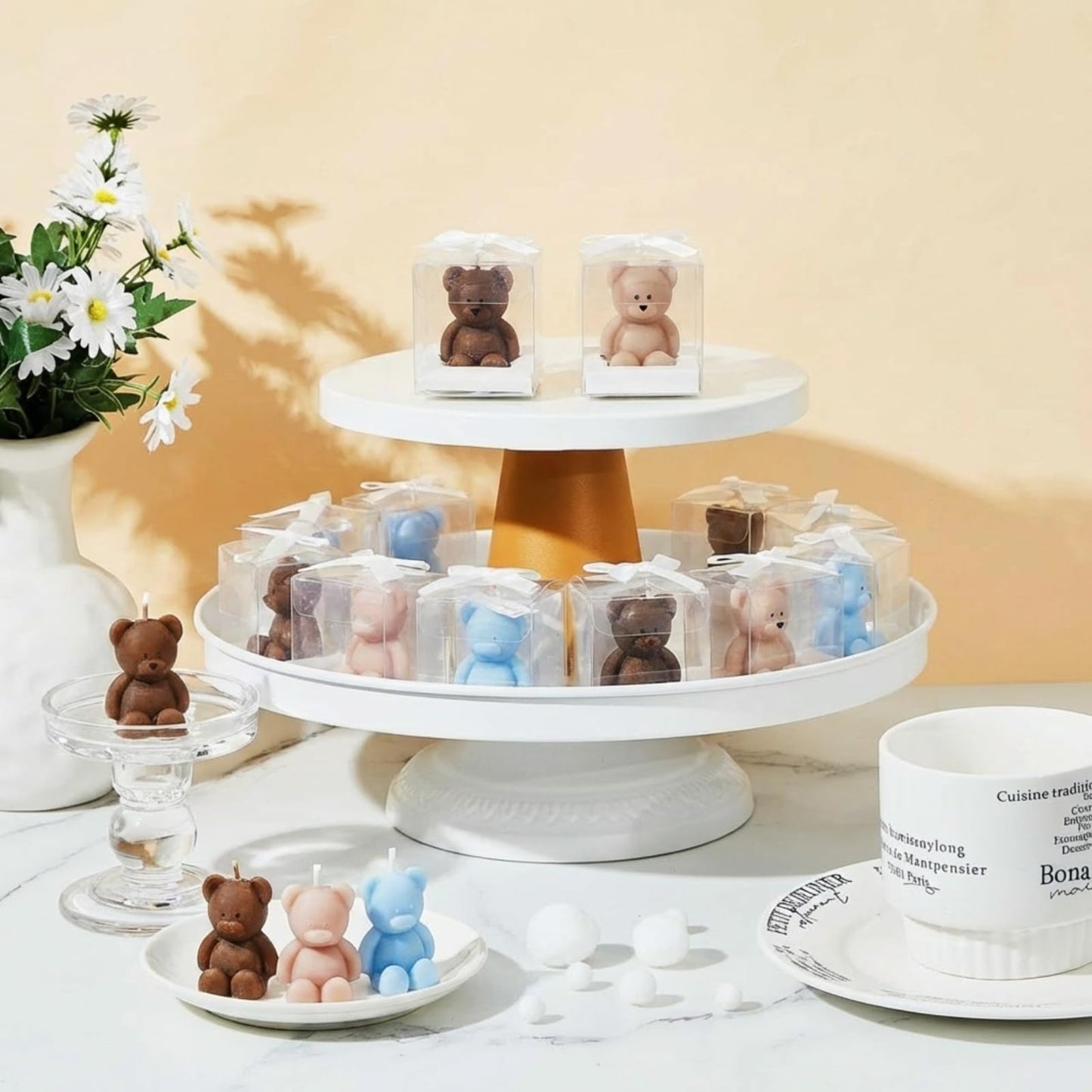 Dansib 50 Pcs Bear Baby Shower Candle Favors for Guest Bear Party Favors Baby Shower Candles Bulk for Gifts Party Decorations (Light Brown,Dark Brown,Blue)