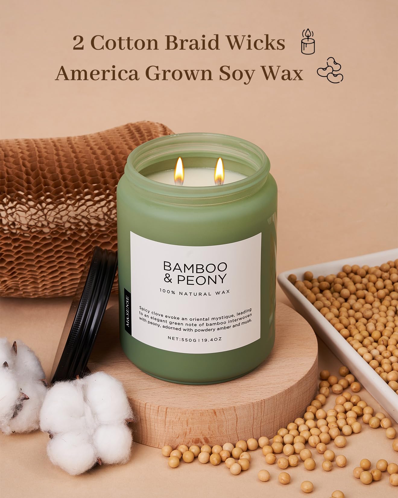 M&SENSE Bamboo Peony Spring Large Candles for Home Scented 19.4oz 110 Hour Long Lasting Burn Natural Organic Soy Candle Gifts for Women, Fresh Smelling Aromatherapy Gifts for Stress Relief