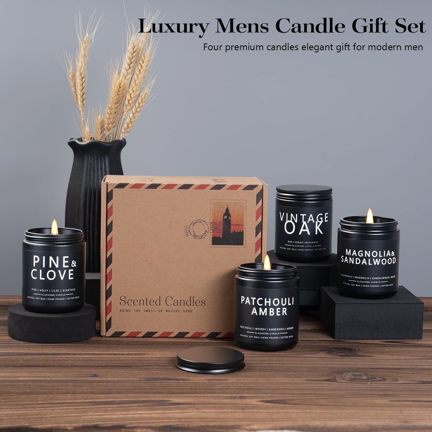 Candles for Men, 4 Pack Scented Candles, Gifts for Father Dad Day, 50 Hours Long Burning Soy Candles for Home Scented (Pine/Sandalwood/Patchouli/Oak)