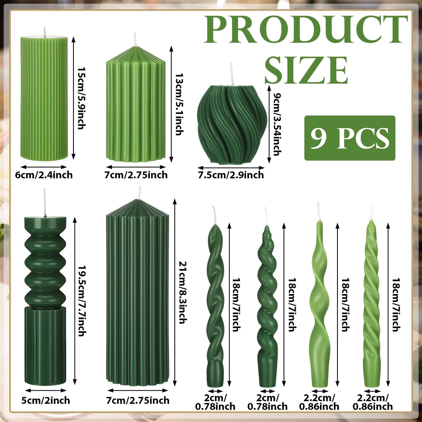 Nuanchu 9 Pcs Modern Decorative Candles Set 5 Pillar Aesthetic Ribbed Candles 4 Spiral Taper Twisted Candlesticks Scented Smokeless Soy Wax for Wedding Holiday Dinner Home Decorations(Green)