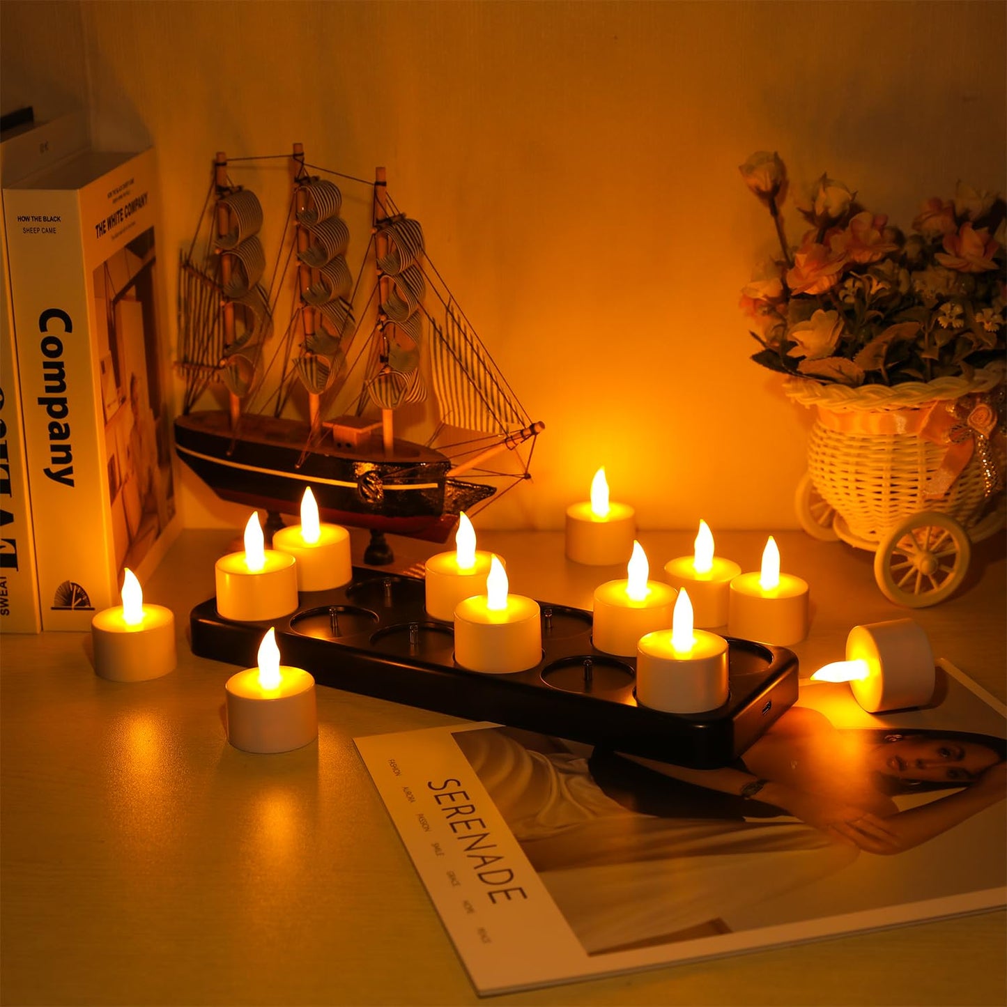 Esup Rechargeable Tea Lights Rechargeable Candles Flameless Flickering Candles Tealights 12pcs/Set with Black Charging Base, Decoration Parties, Weddings, Bar, Family, Dinner Outdoor Picnic ﻿