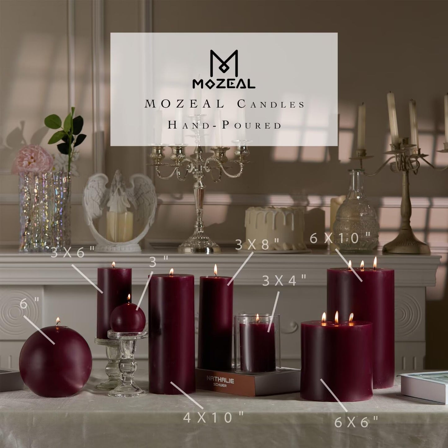 MOZEAL 3" x 8" Hand-Poured Unscented Large Candle, Smokeless Rustic Pillar Candle Set of 2, Slow Burn, No Drip, Approx 150 Hours Burning, Valentine's Day and Home Decorative, Tall Burgundy Candle