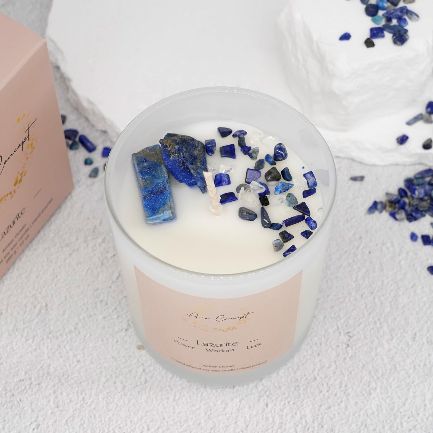 Ava Concept Lazurite Crystal Candle – 10oz / 280g | Amber Ocean Aromatherapy | Hand-Poured Soy Wax | Genuine Lapis Lazuli Healing Crystals Embedded | Power, Wisdom & Luck | Gift Box Included