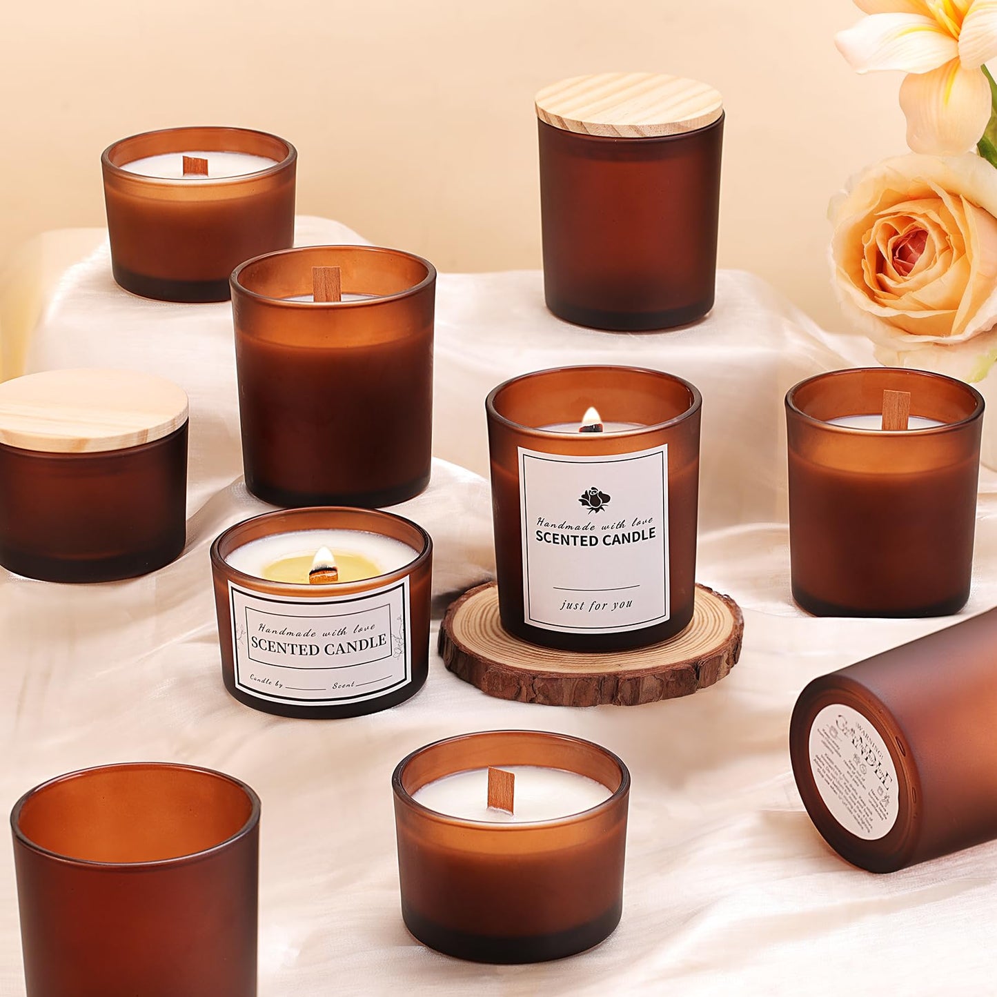 sunnyfuture 16 Pack Forsted Amber Candle Jars, 8pcs 7oz + 8pcs 4oz Candle Jars for Making Candles with Wooden Lids and Labels for DIY, Gifts, Home