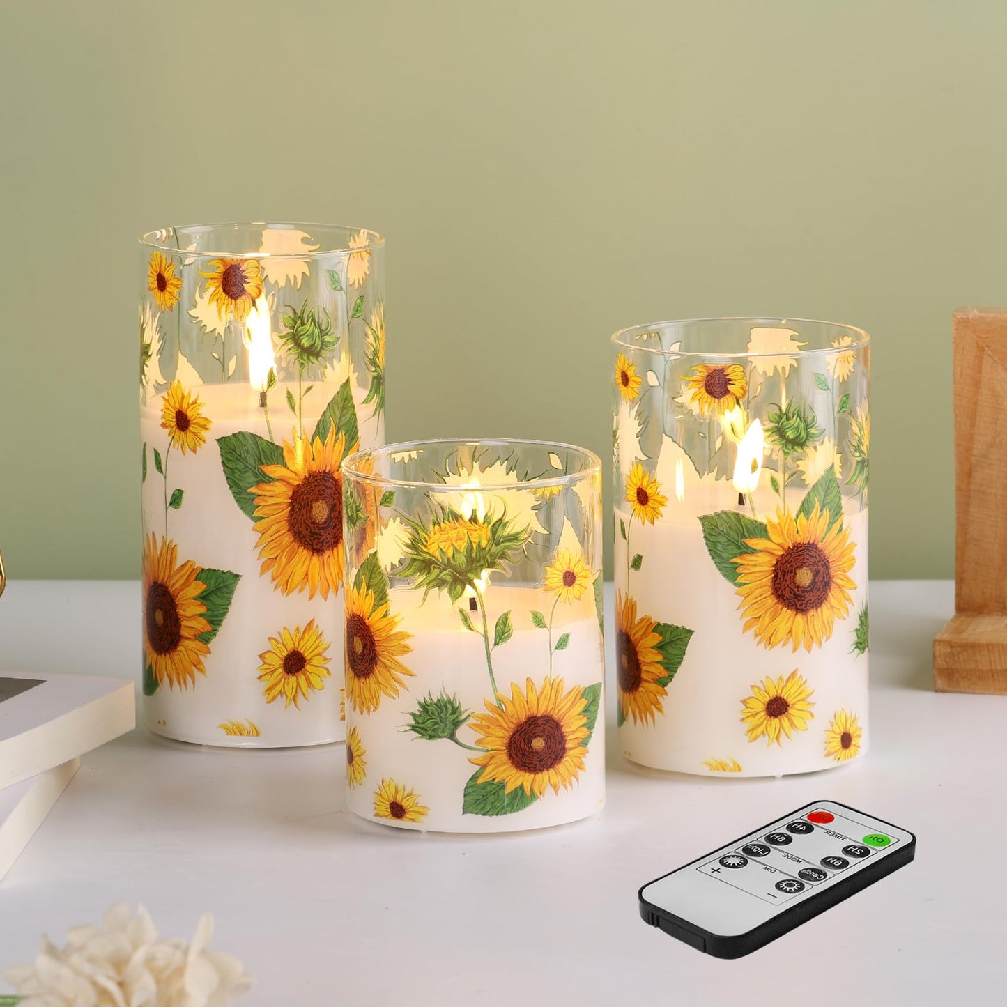 Eywamage Sunflower Glass Flameless Candles with Remote, Flickering Battery LED Pillar Candles Spring Home Table Decor Set of 3