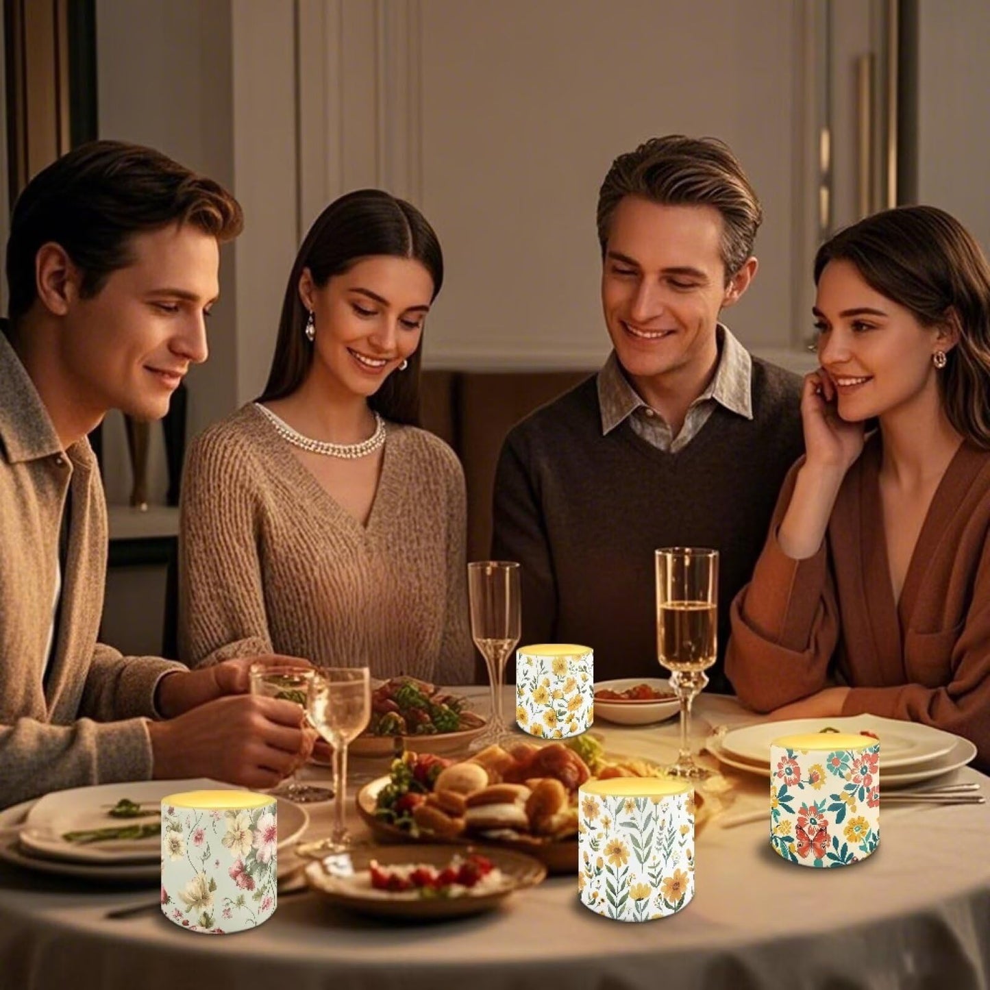NETILGEN Yellow Floral Print Flameless LED Candles with Remote Timer Control Set of 4 Home Decorative Realistic Flickering Flameless Candles with Battery Powered