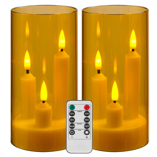 2 Pack 3D Wick Flameless Taper Candles, Champagne Transparent Acrylic Cover, Remote Control Flickering LED Candles, Battery Operated Electric Candles for Wedding Party Christmas Home Table Decor.