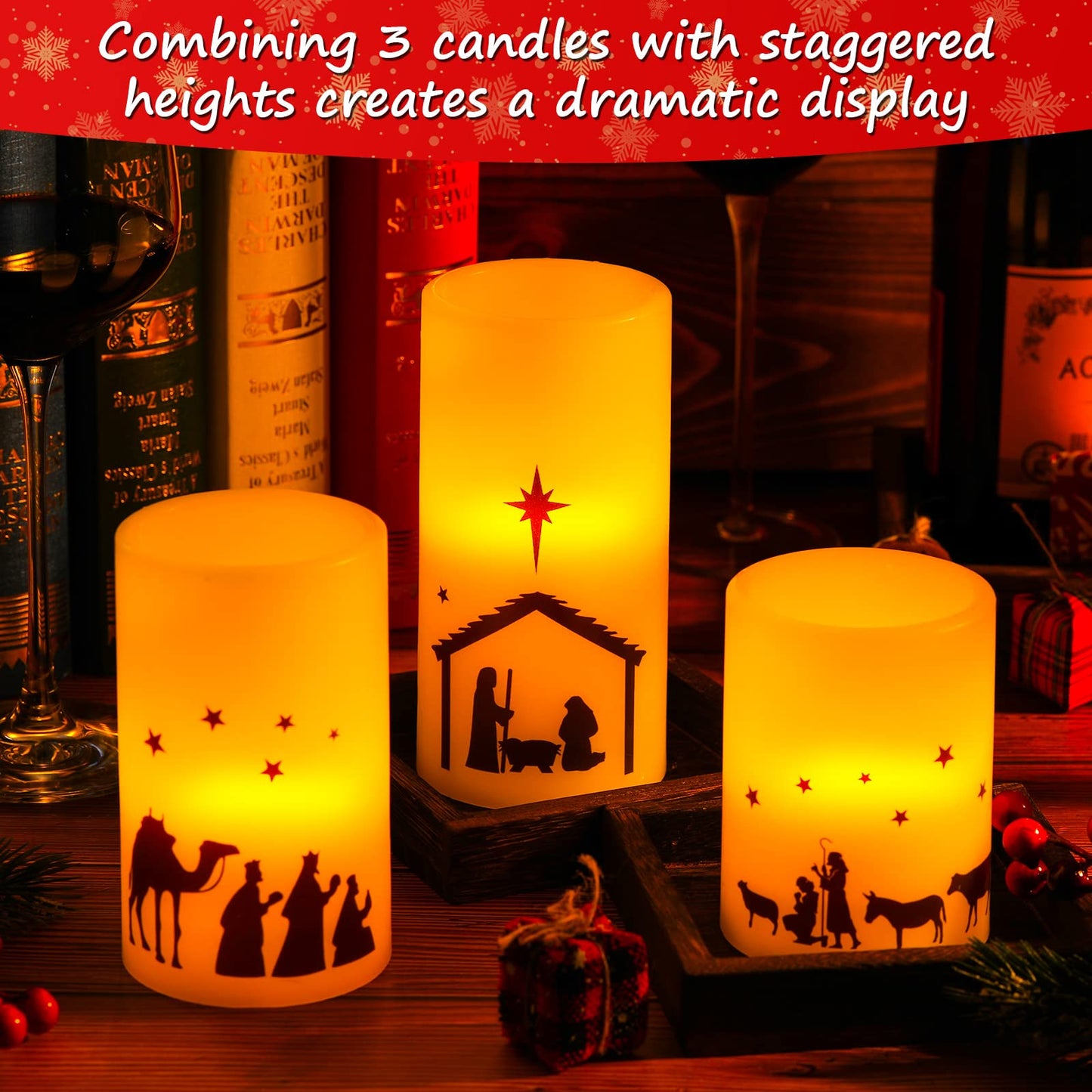 Nuanchu 3 Pcs Nativity Scene Candles Flameless Christmas LED Candles Battery Operated Warm Light for Advent Indoor Outdoor Home Table Decorations Christmas Holiday Decor