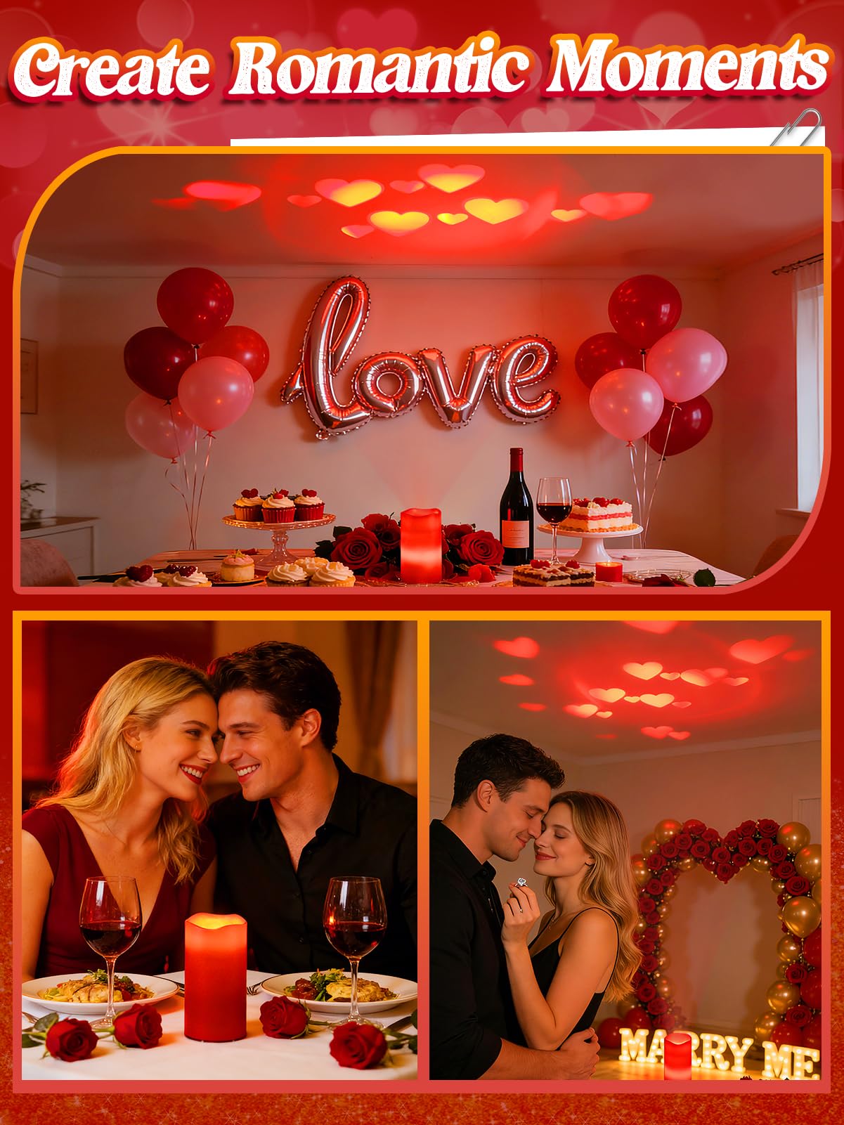 Beeplove Valentines Decorations Flameless Candle with Heart Projection - Red LED Candle, Romantic Decorations for Date Night Valentine's Day Party Home, Battery Operated