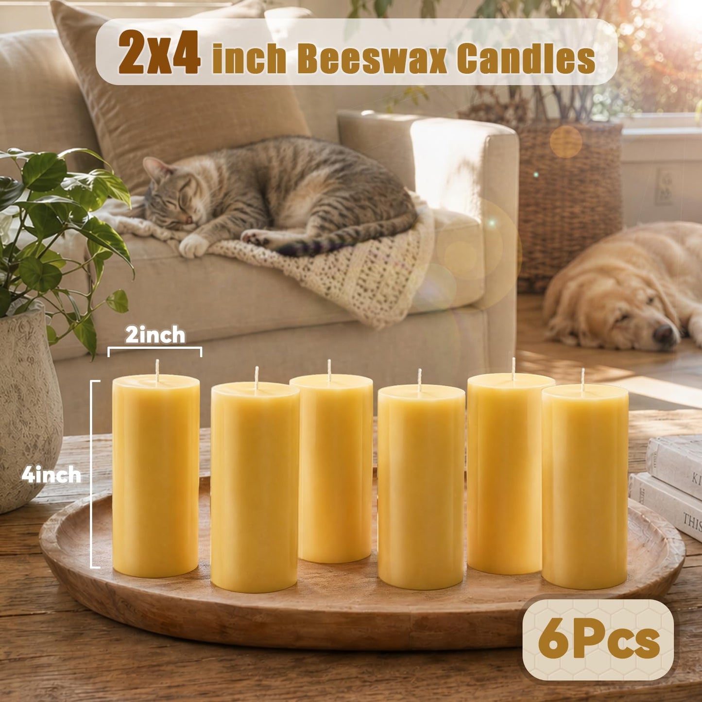 6 Pack Pure Beeswax Pillar Candles, 160 Hours Long Burning Beeswax Candle, Bees Wax Candles for Home, Prayer, Emergency, Unscented, Smokeless & Dripless, 2x4 Inch