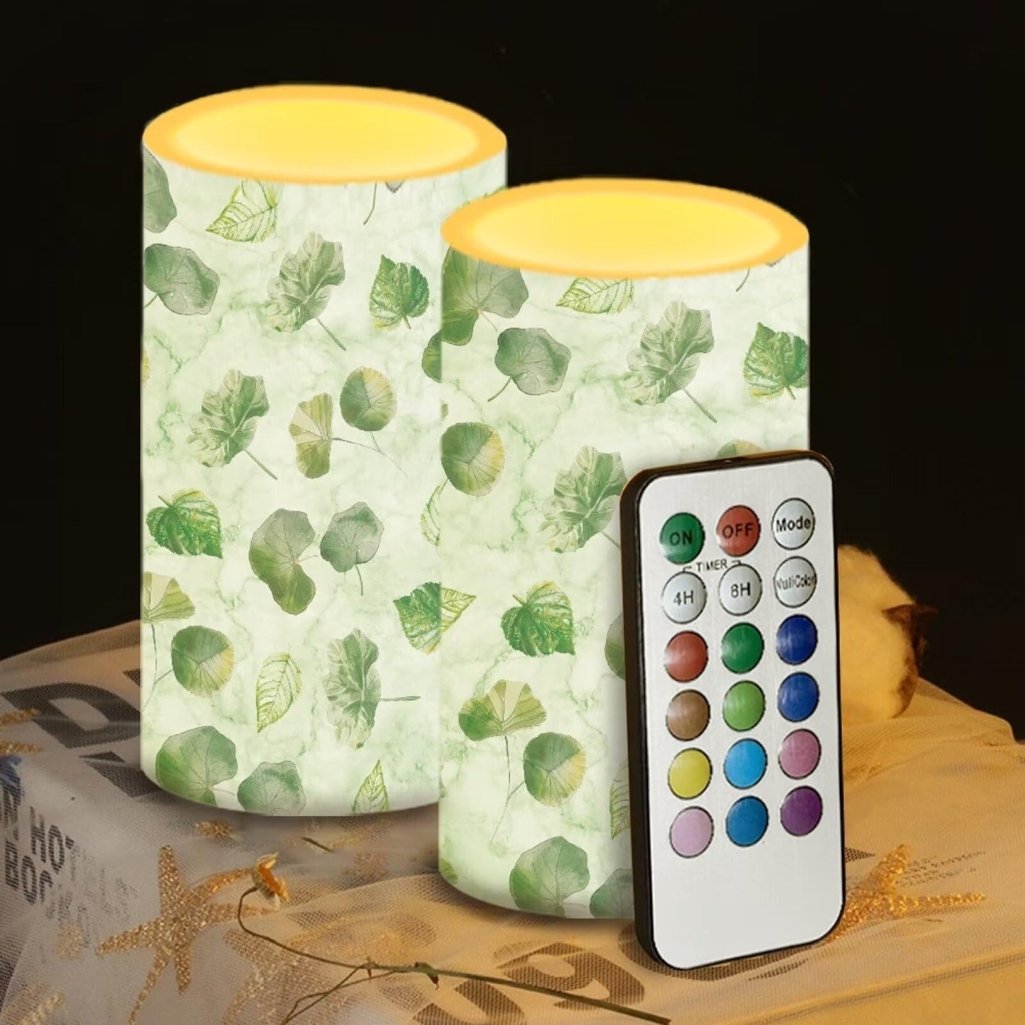 NETILGEN Flameless LED Candles Set of 2 with 18-Key Multicolor Remote Control Timer Flickering Wick Pillar Candles Home Ornaments, Green Leaf Lotus Leaf