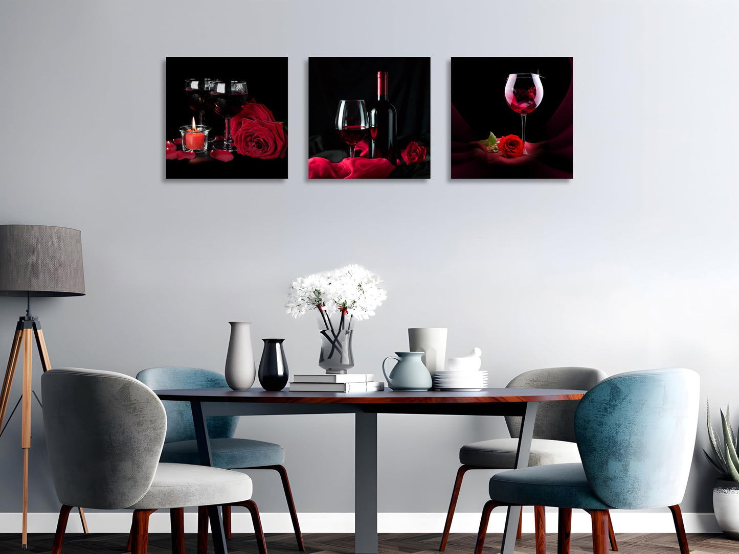 OWNANRTHM Rose Wine Picture Red Wine Rose and Candle Picture Painting Wall Art Red Wine Glass Canvas Wall Art for Living Room Bedroom Home Wall Decor Stretched and Framed 12" x 12" x 3 Pieces