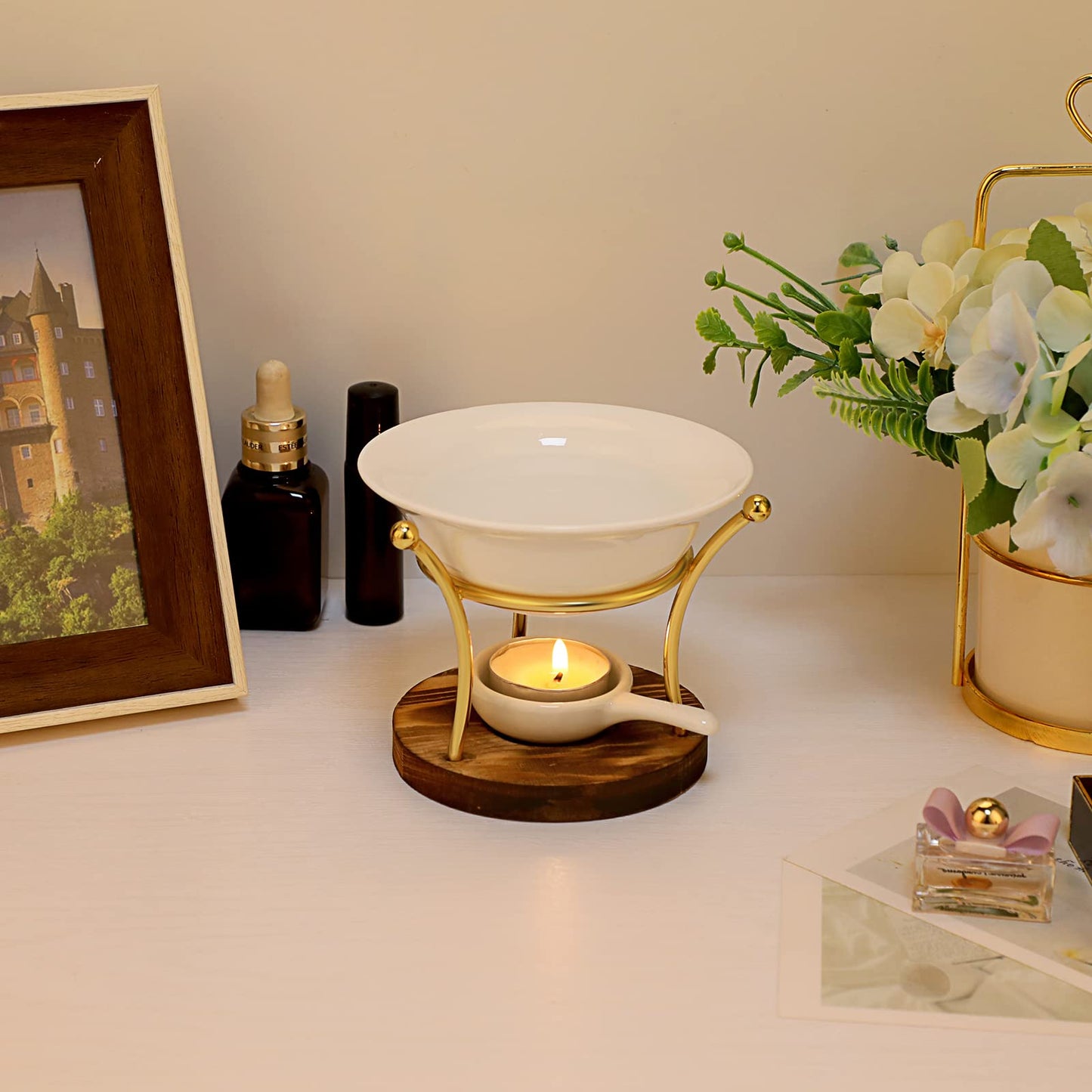 JUXYES Romantic Ceramic Tealight Wax Melt Warmer, Non Elecric Essential Oil Warmer Candle Fragrance Warmer Aromatherapy Wax Candle Tart Burner Warmer Diffuser for Home Decoration