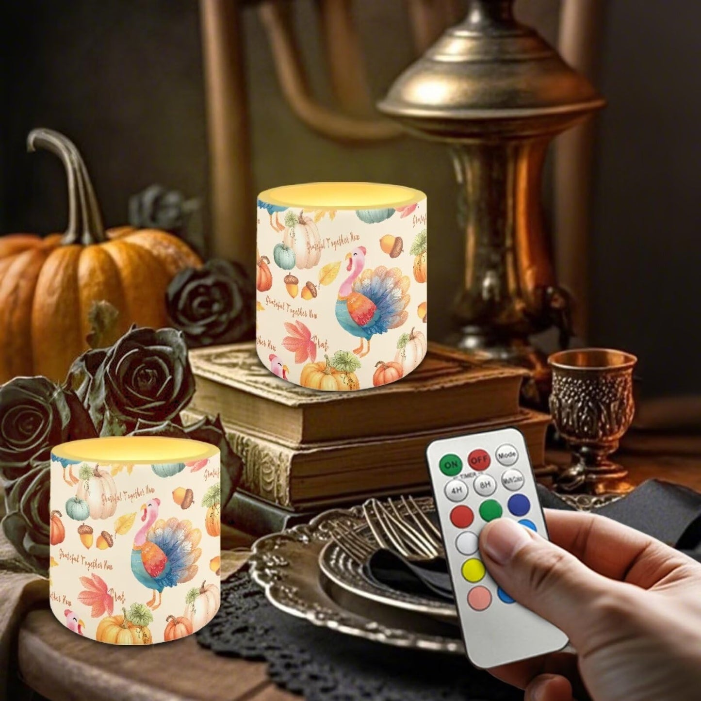 Cozeyat Fall Scene LED Candles Set of 4 Battery Powered Flameless with Remote Timer Dancing Flame Waterproof for Home Garden Table Decor